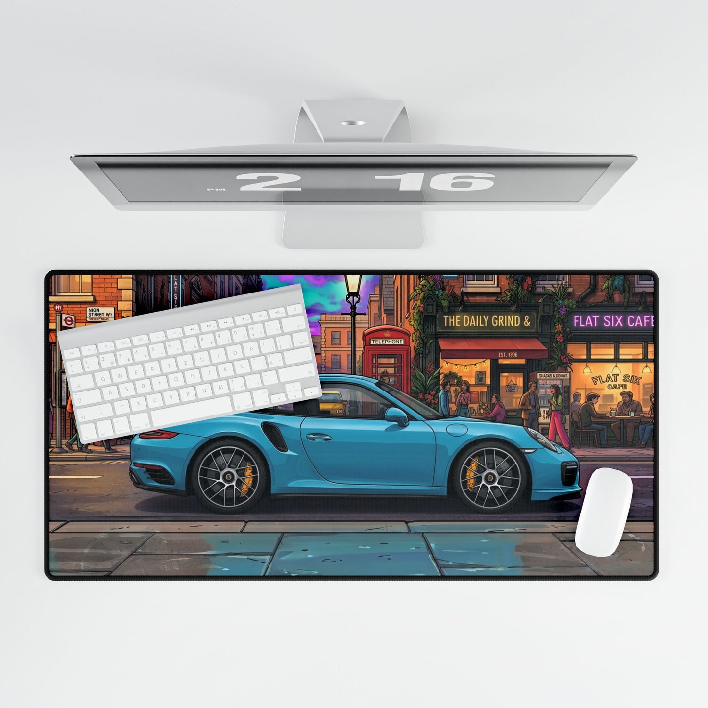 Desk setup with a large mouse pad featuring a miami blue 911 turbo sports car, keyboard, and mouse on a white background.