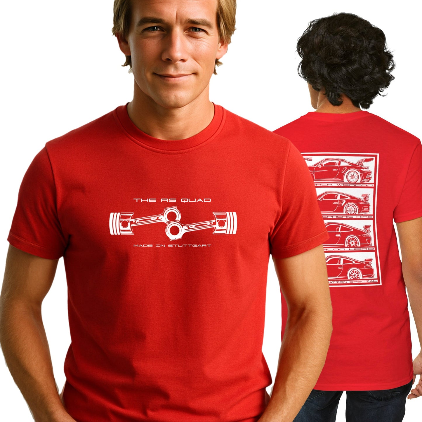 Red t-shirt with white graphics on a plain background