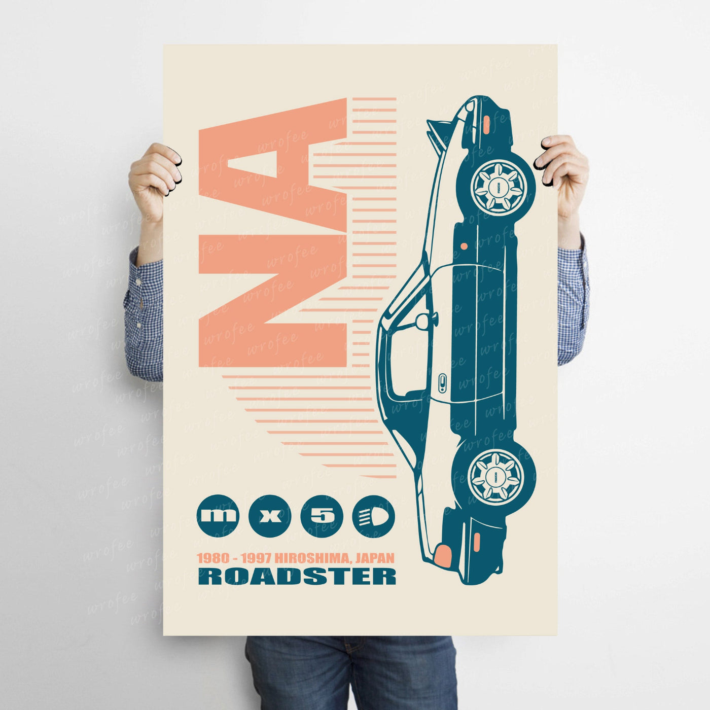 Person holding a poster of a vintage car design with 'ANA' branding.