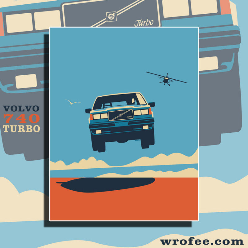 Flying Retro Car 740 Turbo Wall Art Print