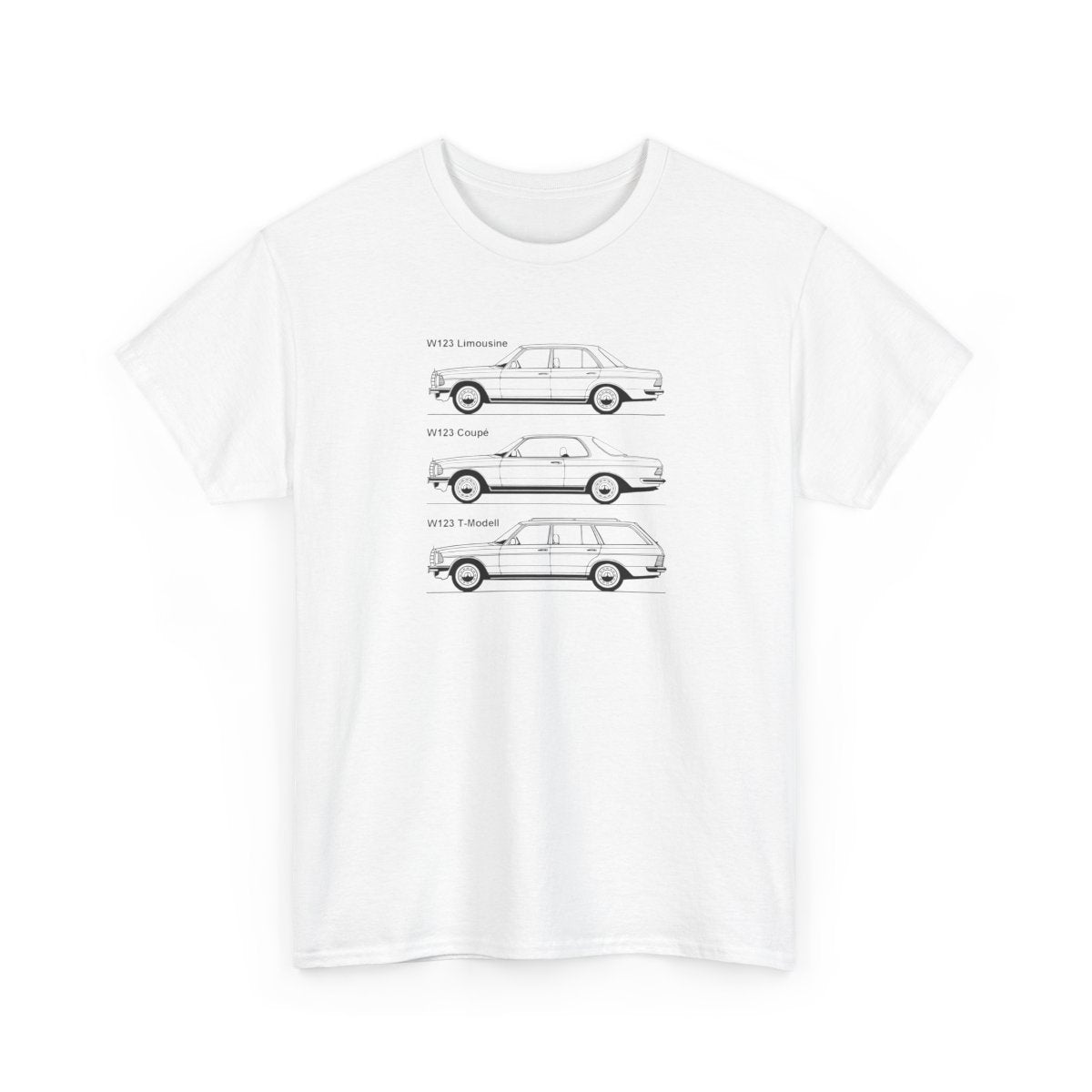 W123 Evolution Shirt - German Classic Car Technical Art Tee - Limousine Coupe Wagon Unisex Automotive Graphic Apparel