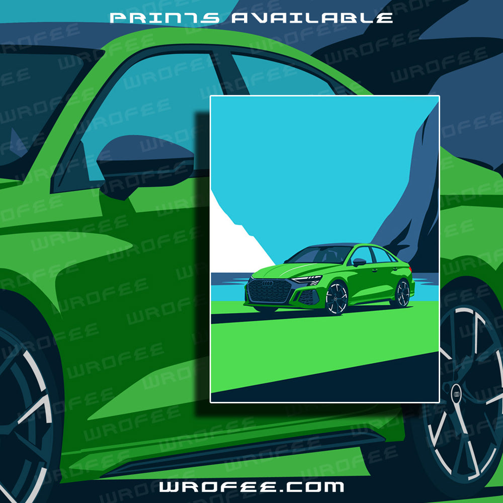 Green Audi RS3 at the beach Wall Art Decor Poster