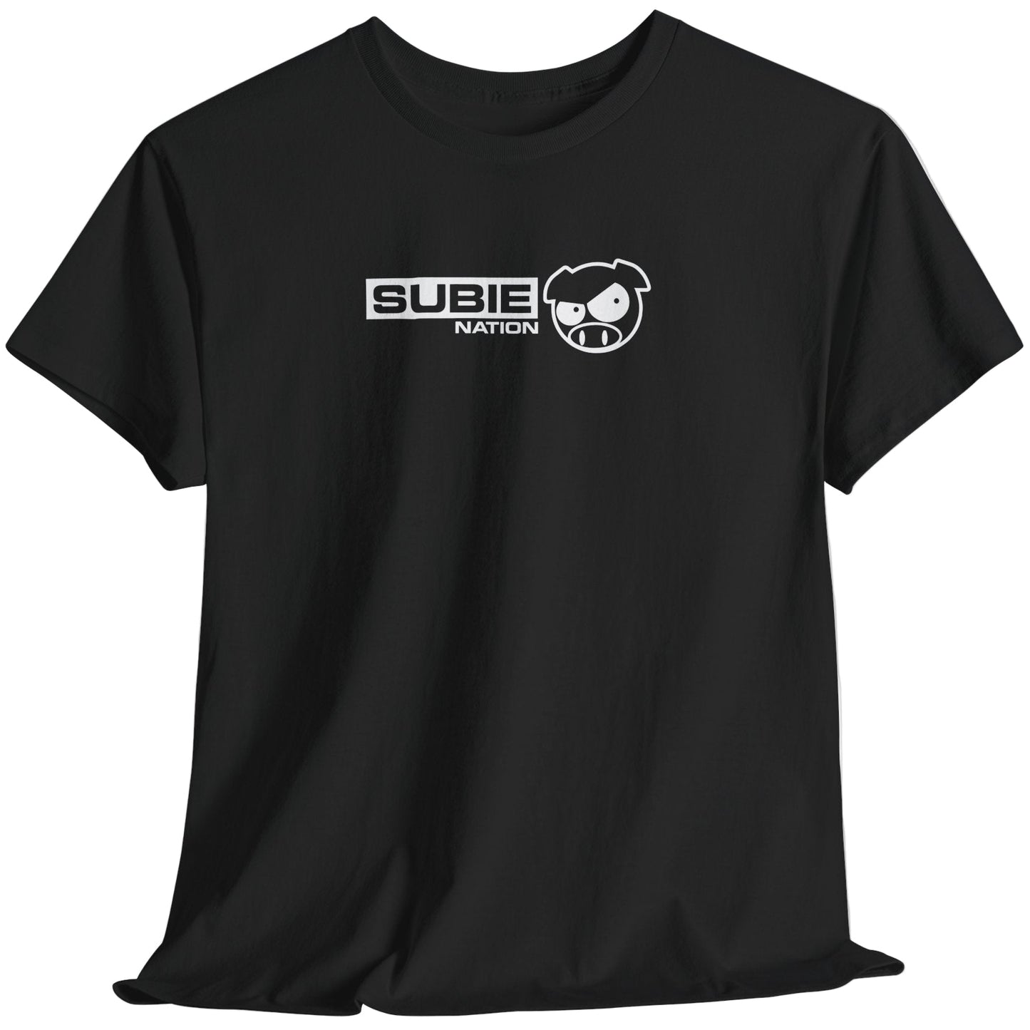 Black t-shirt with 'SUBIE NATION' logo on a light gray background