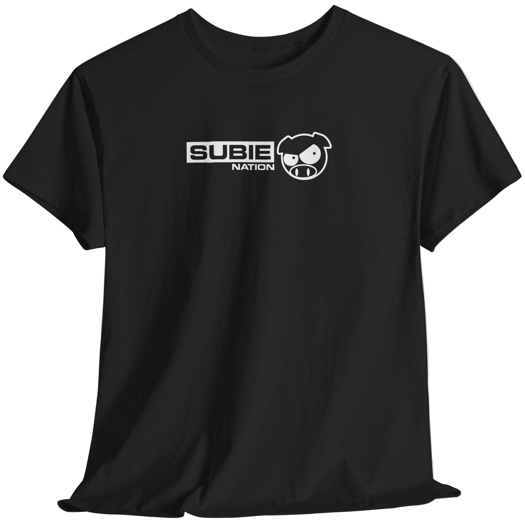Black t-shirt with 'SUBIE NATION' logo on a light gray background