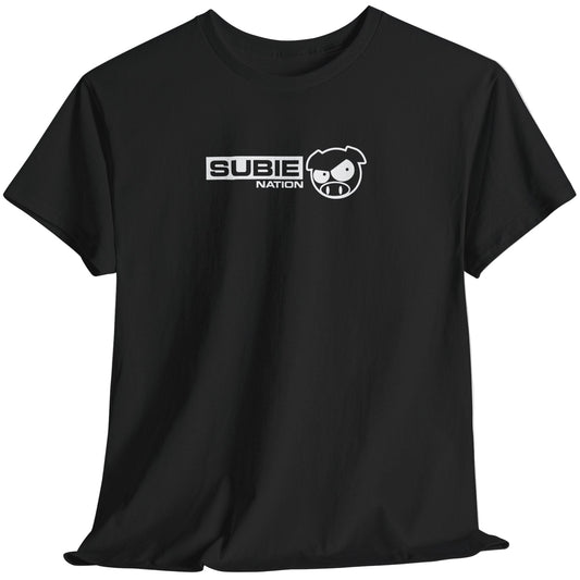 Black t-shirt with 'SUBIE NATION' logo on a light gray background
