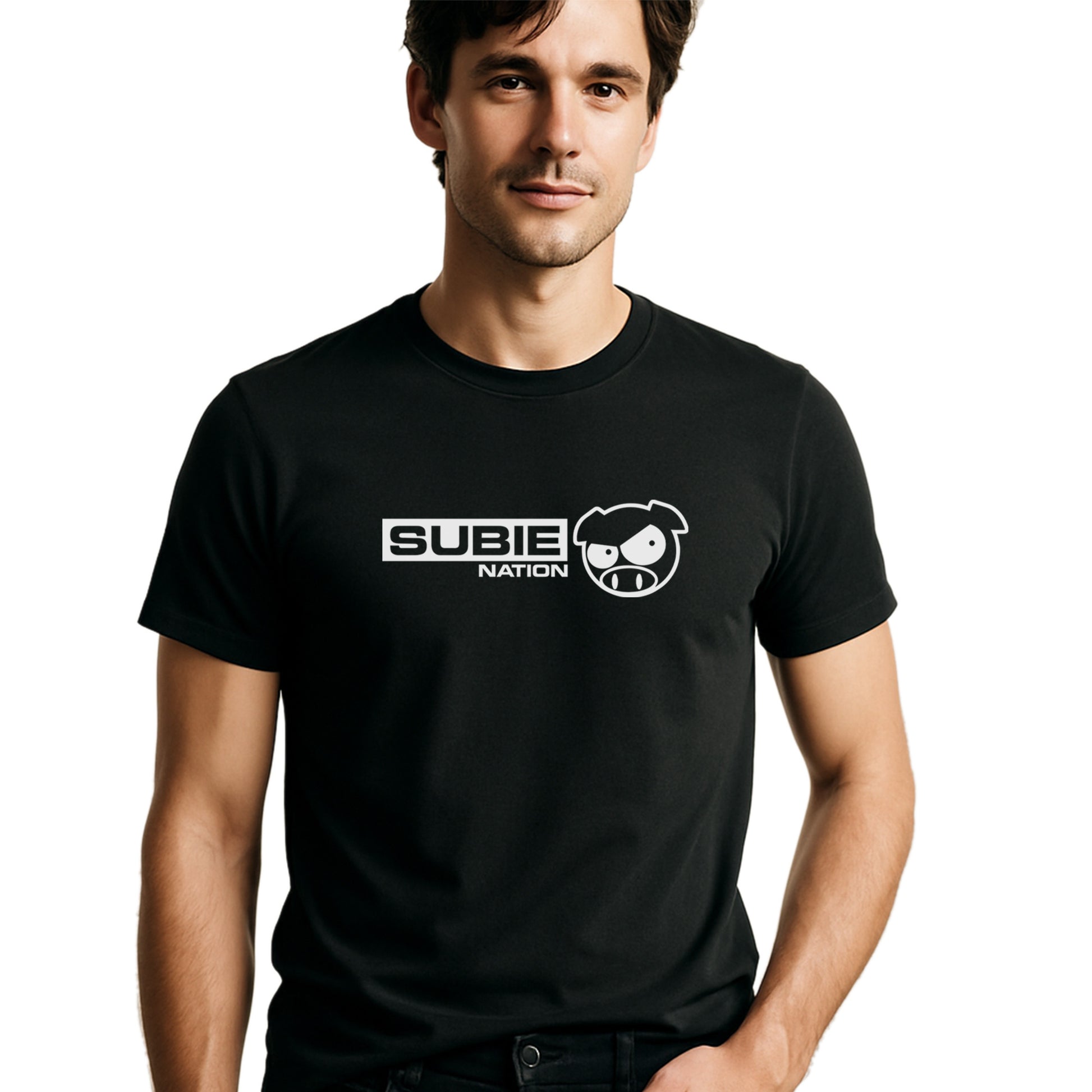 Man wearing a black t-shirt with 'SUBIE NATION' logo on a white background