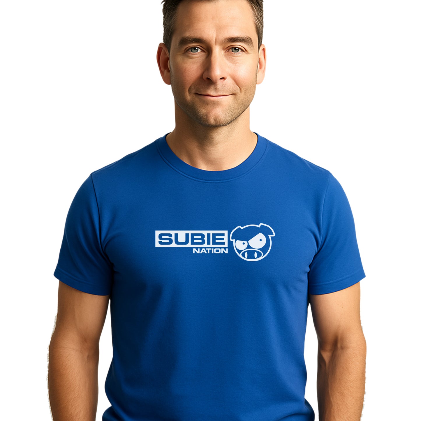 Man wearing a blue t-shirt with 'SUBIE NATION' logo on a white background