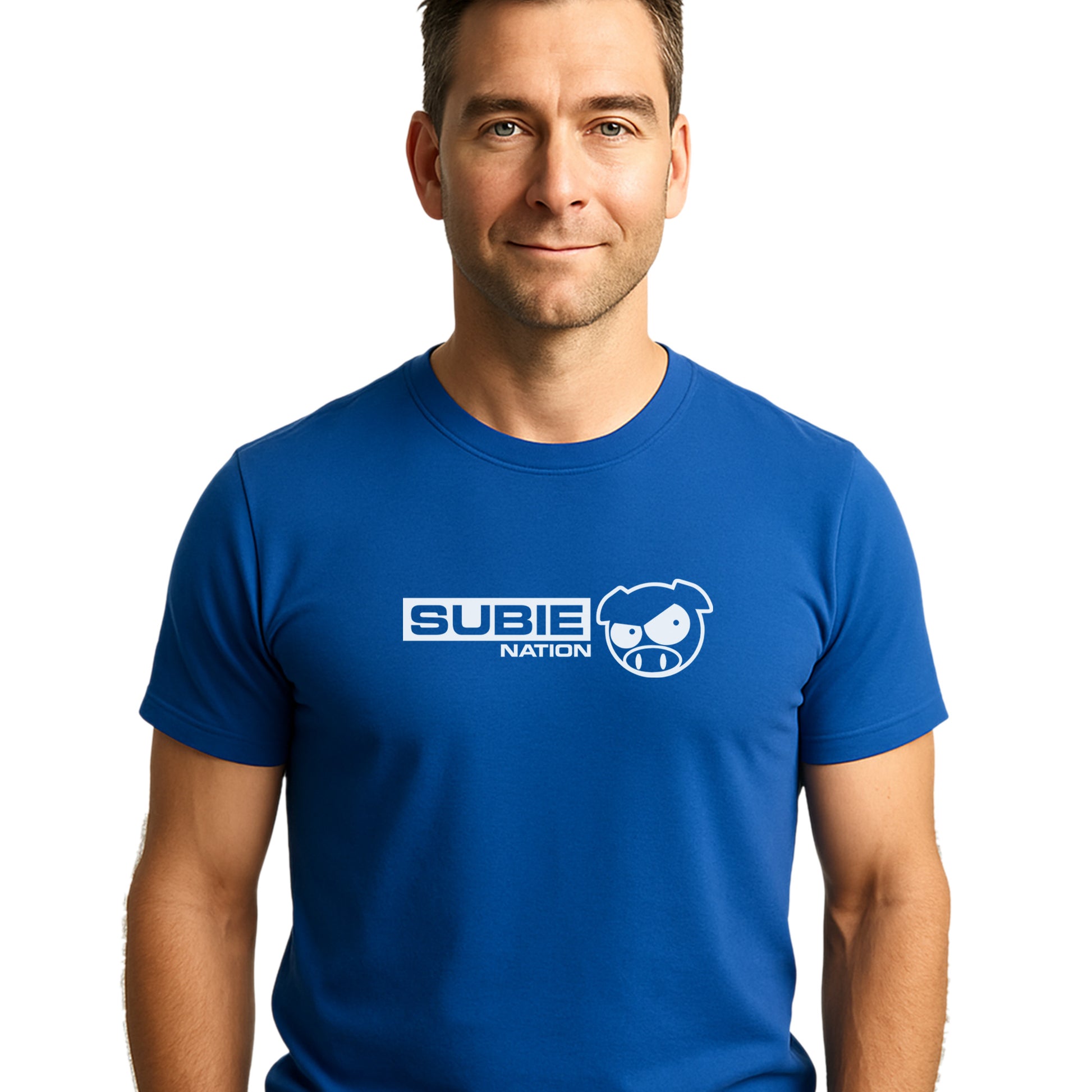 Man wearing a blue t-shirt with 'SUBIE NATION' logo on a white background