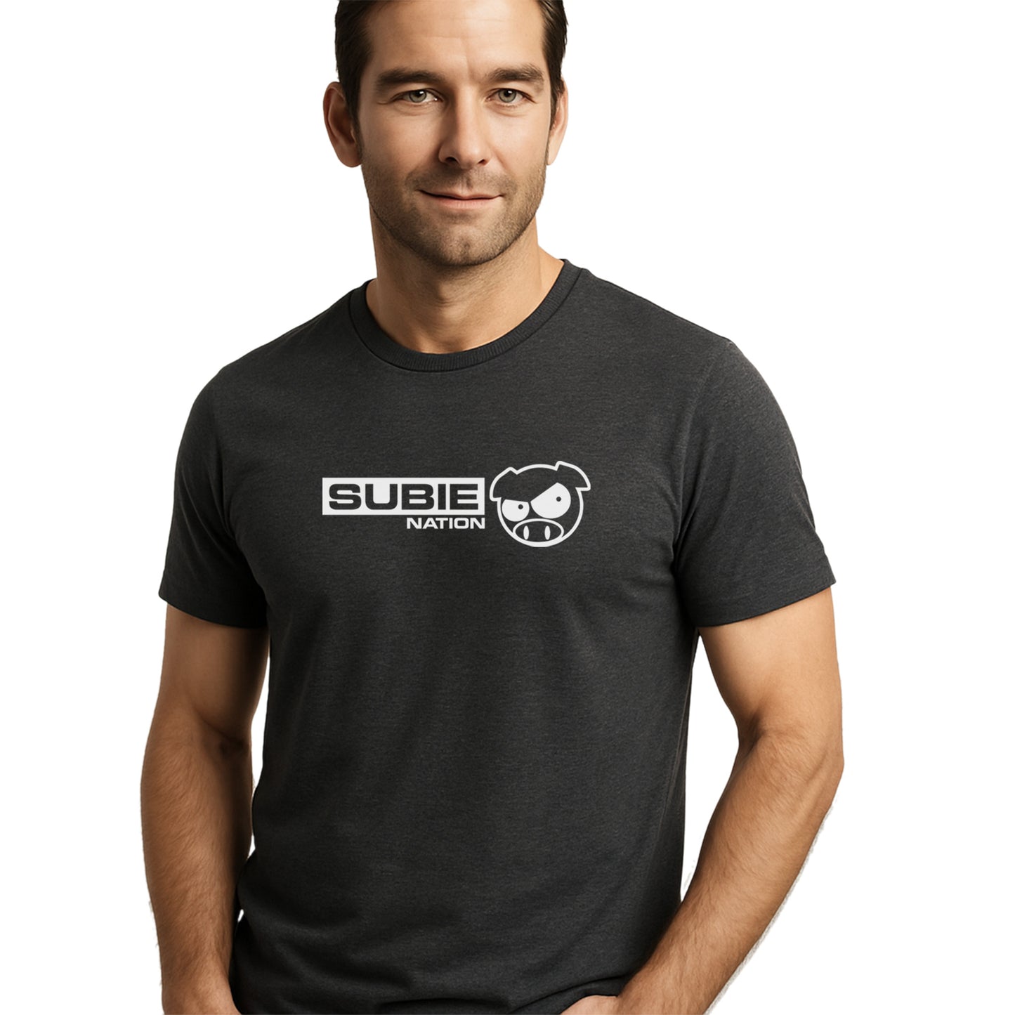 Man wearing a black t-shirt with 'SUBIE NATION' logo on a white background