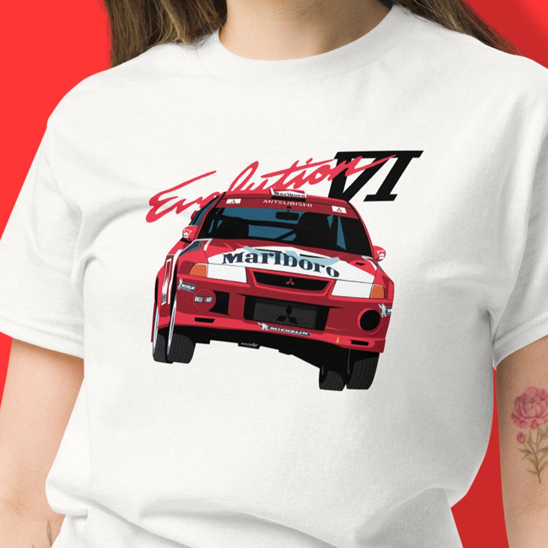 mitsubishi lacer evolution evo 6 tommy makinen rally car t-shirt