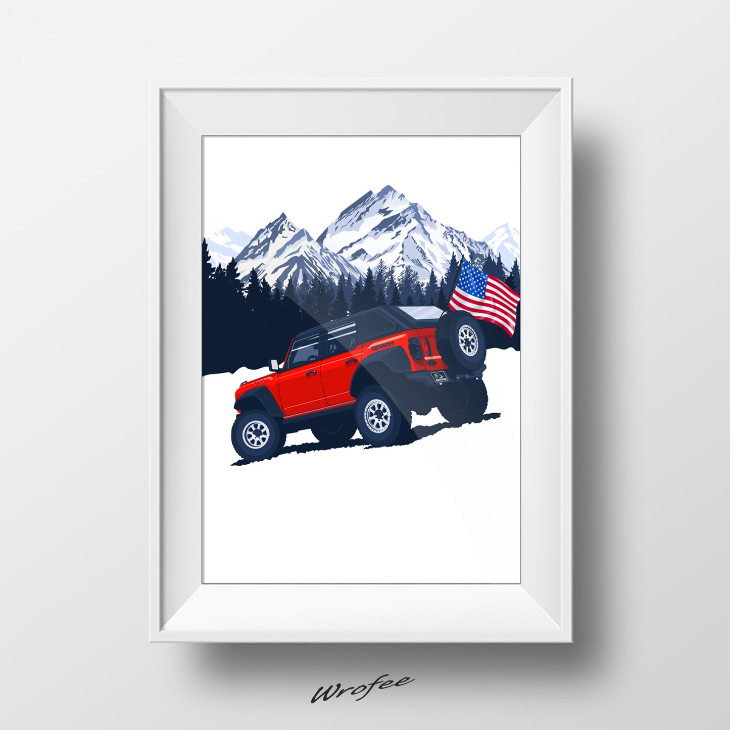 Red Bronco SUV with American flag background, patriotic off-road art print