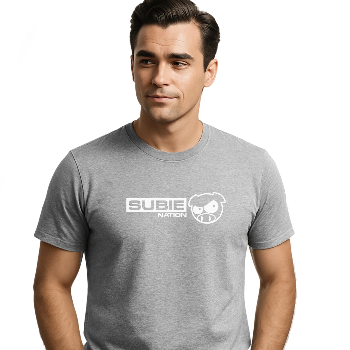 Man wearing a gray t-shirt with 'Subie Nation' logo on a white background