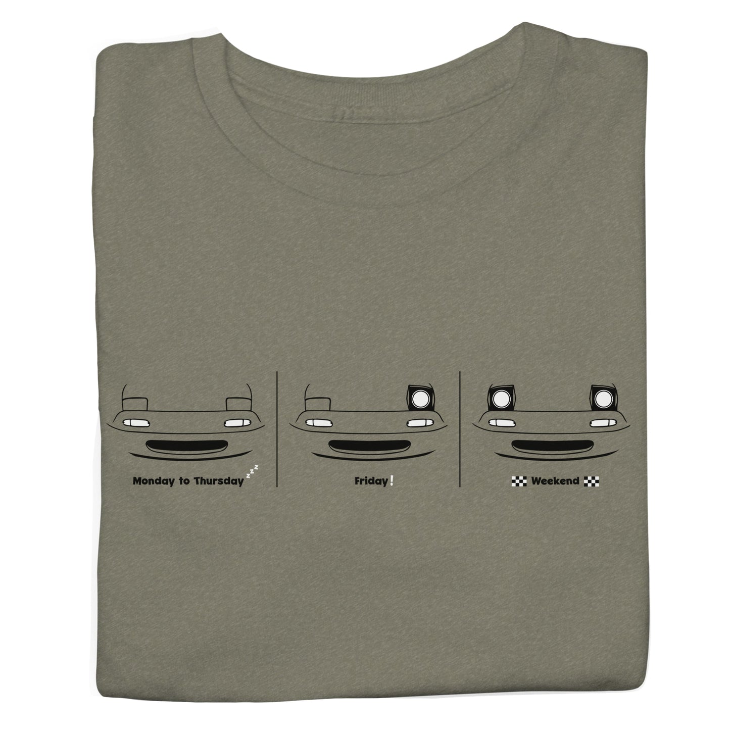 Folded green t-shirt with car graphic and text on a white background