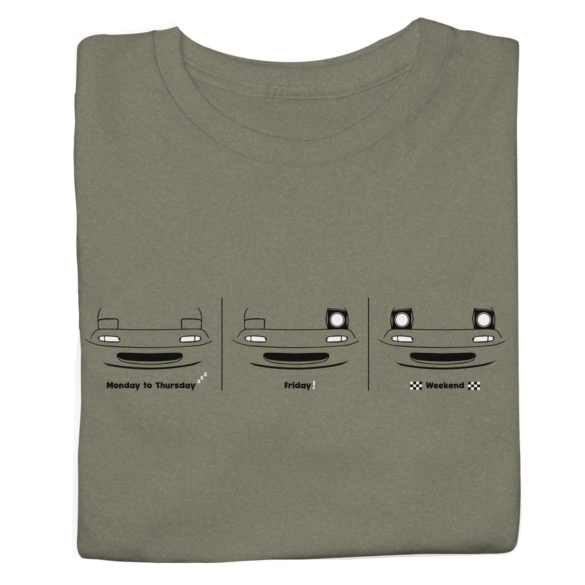 Folded green t-shirt with car graphic and text on a white background