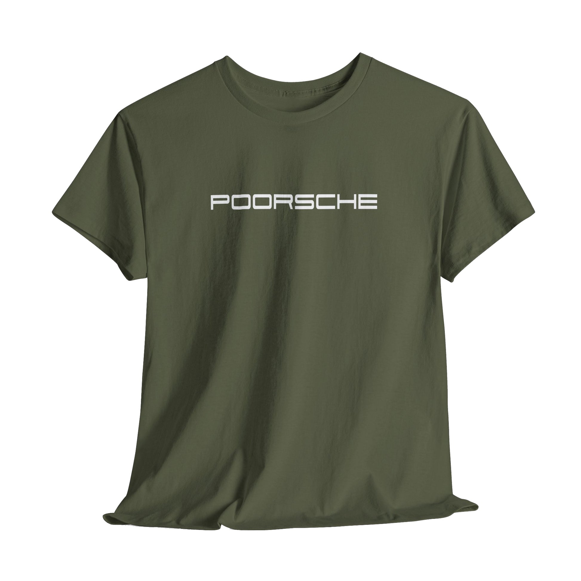 Green t-shirt with 'POORSCHHE' printed on a white background