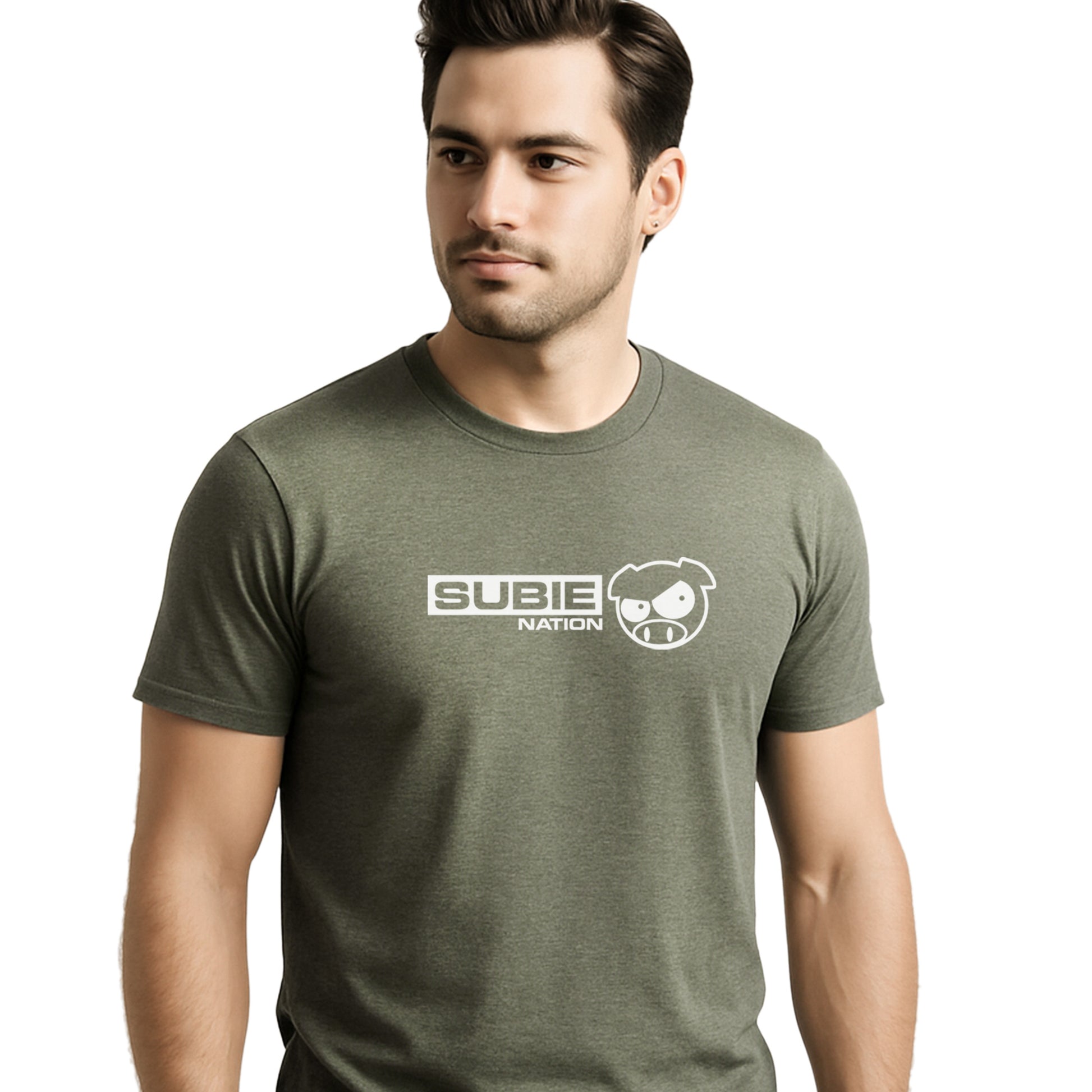 Man wearing a green t-shirt with 'SUBIE NATION' logo on a white background
