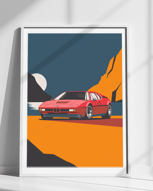 Automotive illustration of a red BMW M1, a rare German icon from the late 1970s, hand-crafted in digital style.