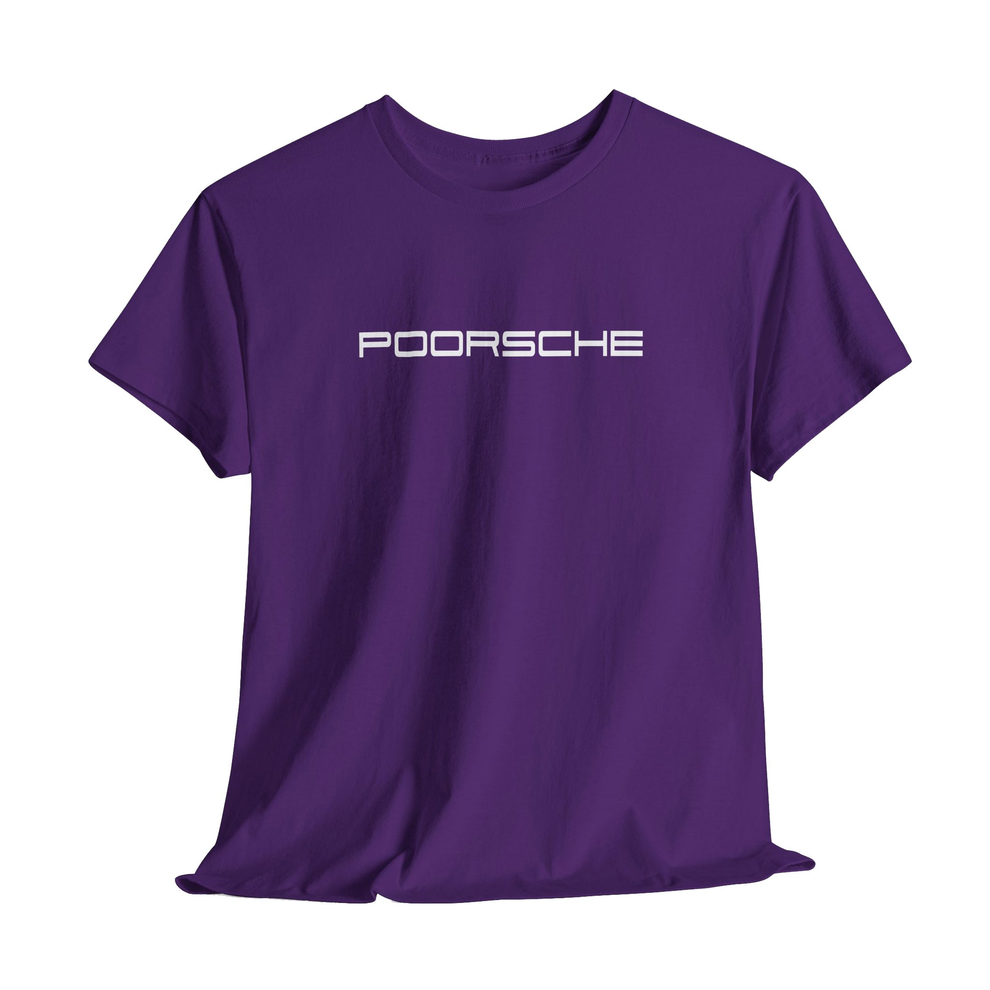 Purple t-shirt with 'POORSCHIE' printed on it against a white background