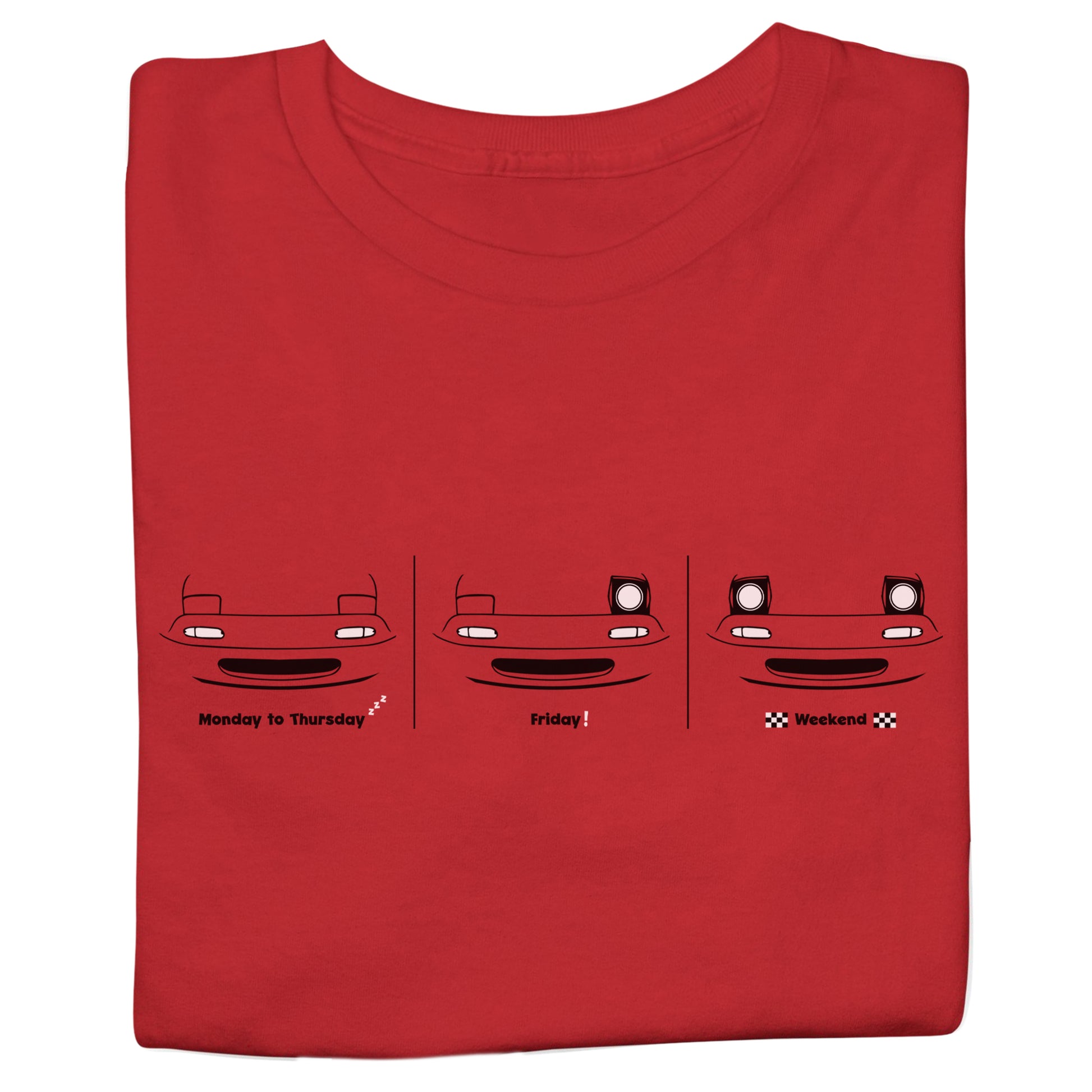 Red t-shirt with Miata NA car graphics and text on a white background