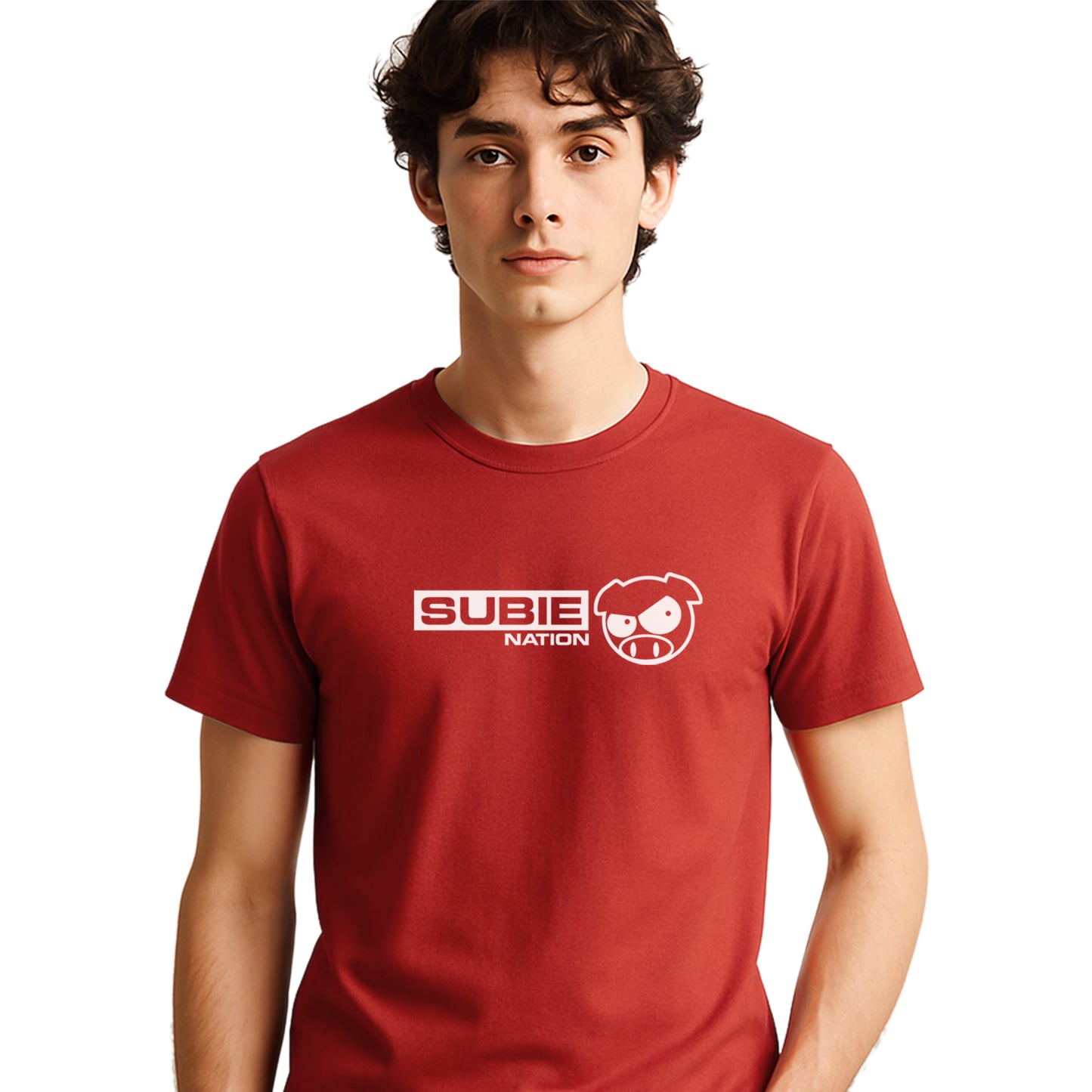 Person wearing a red t-shirt with 'SUBIE NATION' logo on a white background