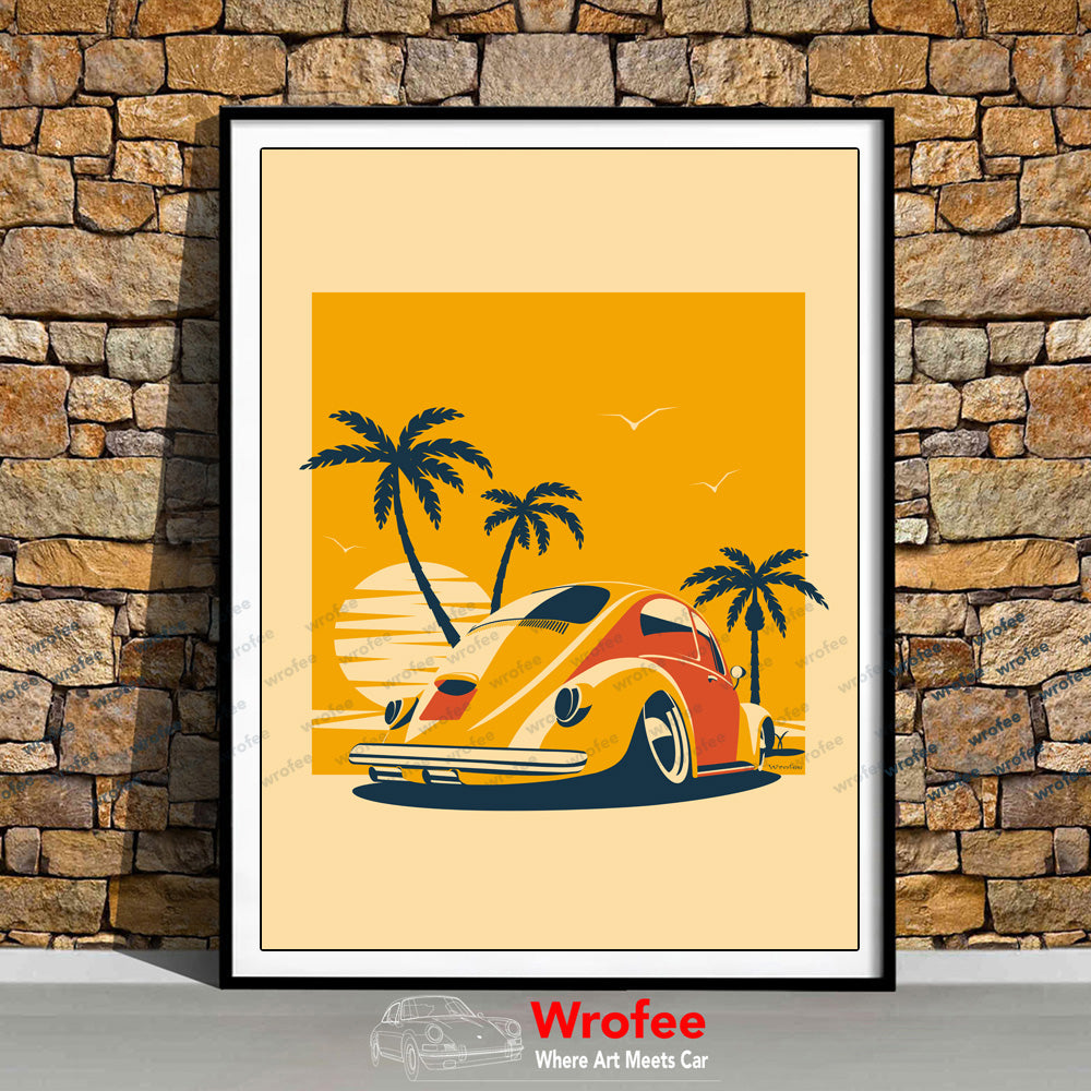 Vintage Car Beetle on the Beach Car Wall Art Print