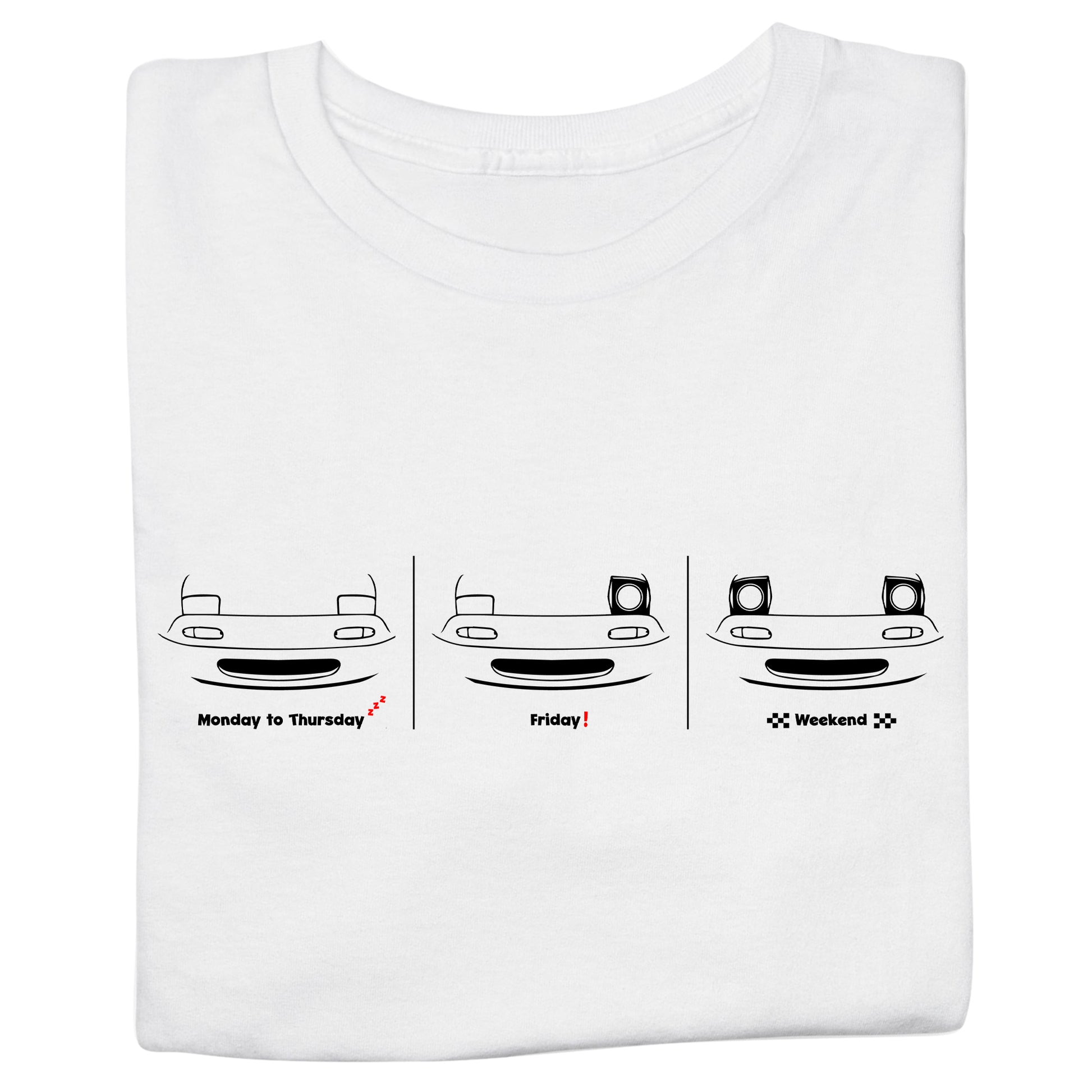 White t-shirt with a Miata NA JDM Car graphic design of a car's face for different days of the week on a white background.