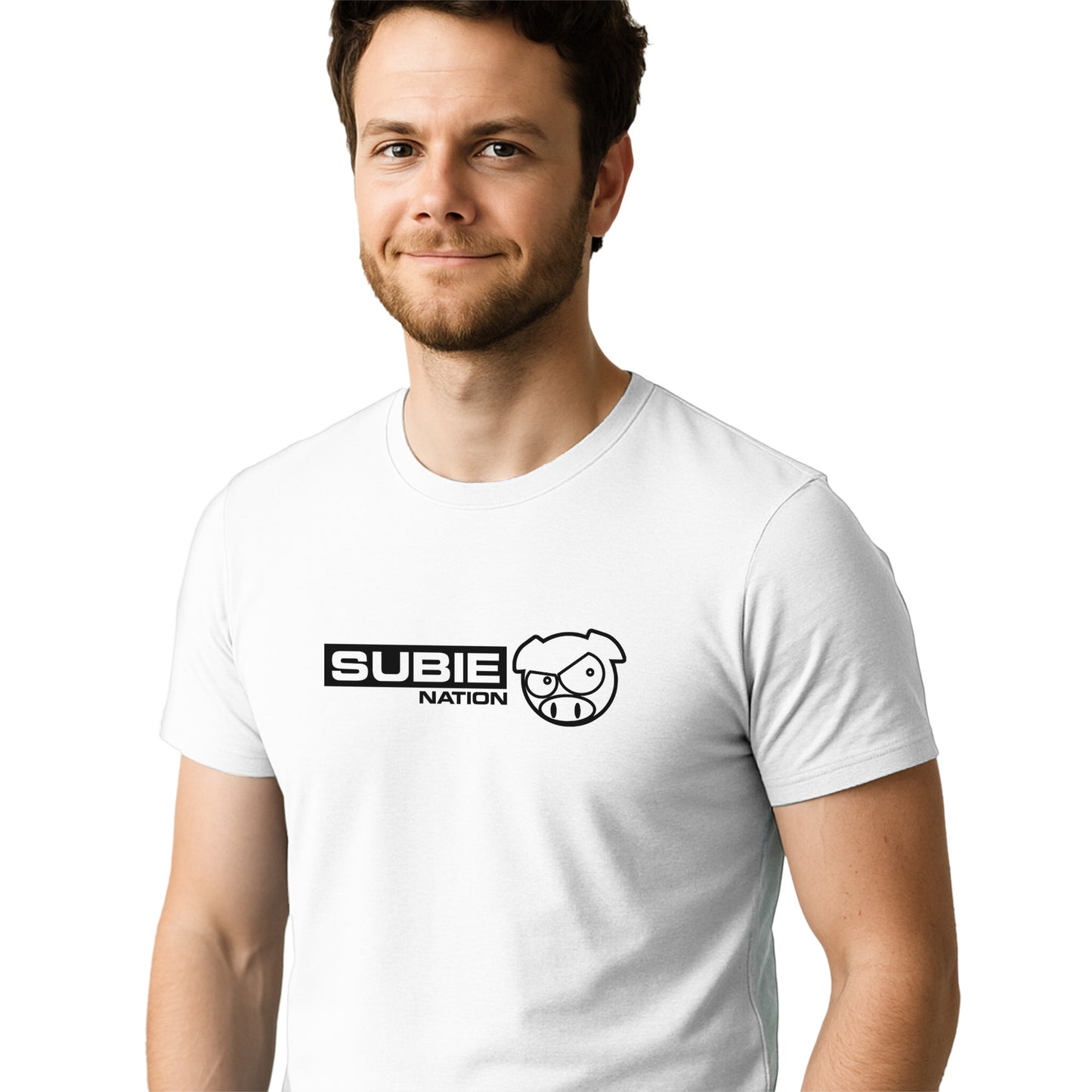 Man wearing a white t-shirt with 'SUBIE NATION' logo on a white background