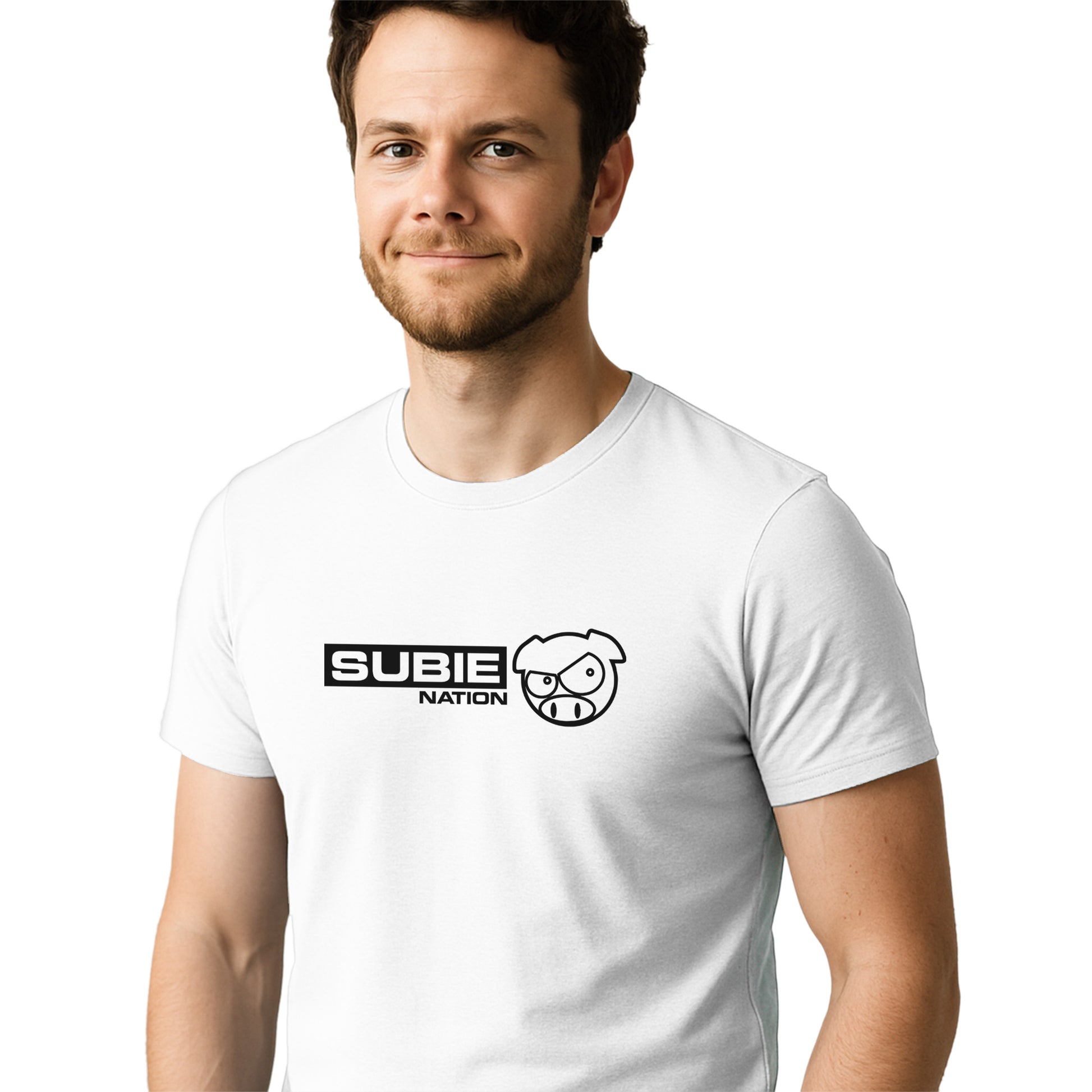 Man wearing a white t-shirt with 'SUBIE NATION' logo on a white background