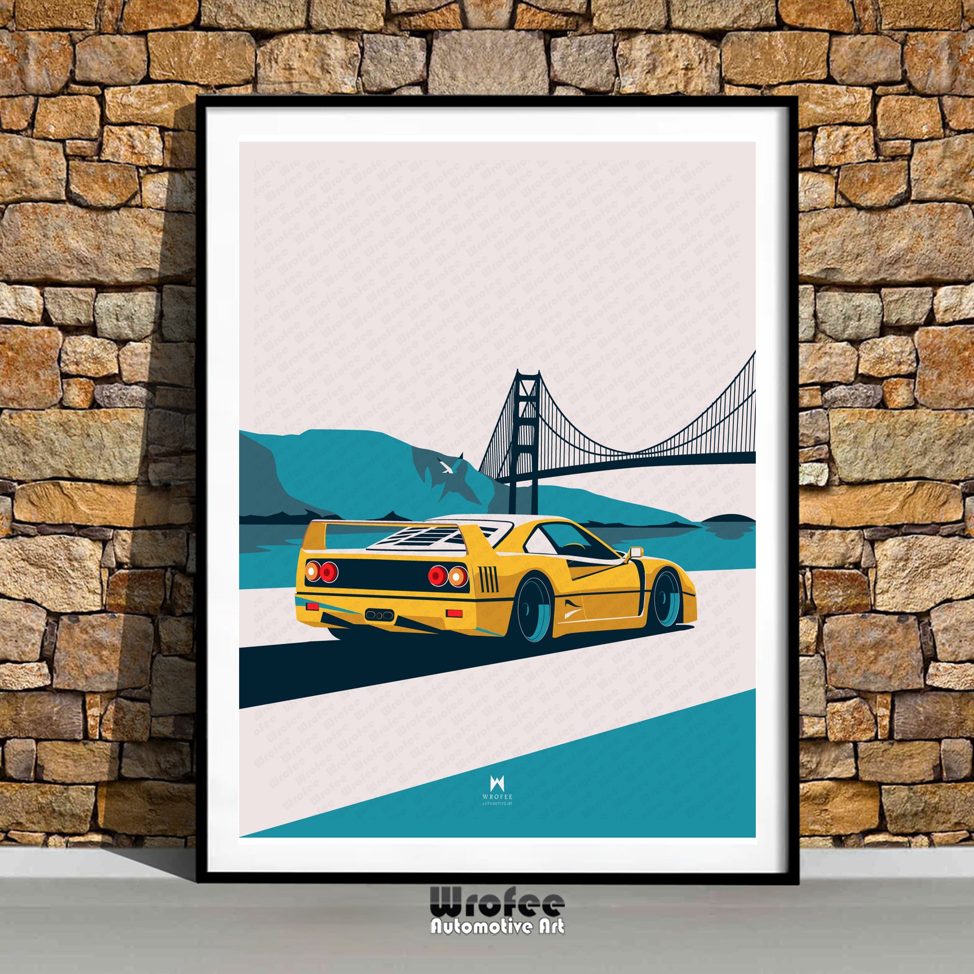 Vintage Car Ferrari F40 illustration digital art Poster by Wrofee in Sanfrancisco under Golden Gate Bridge