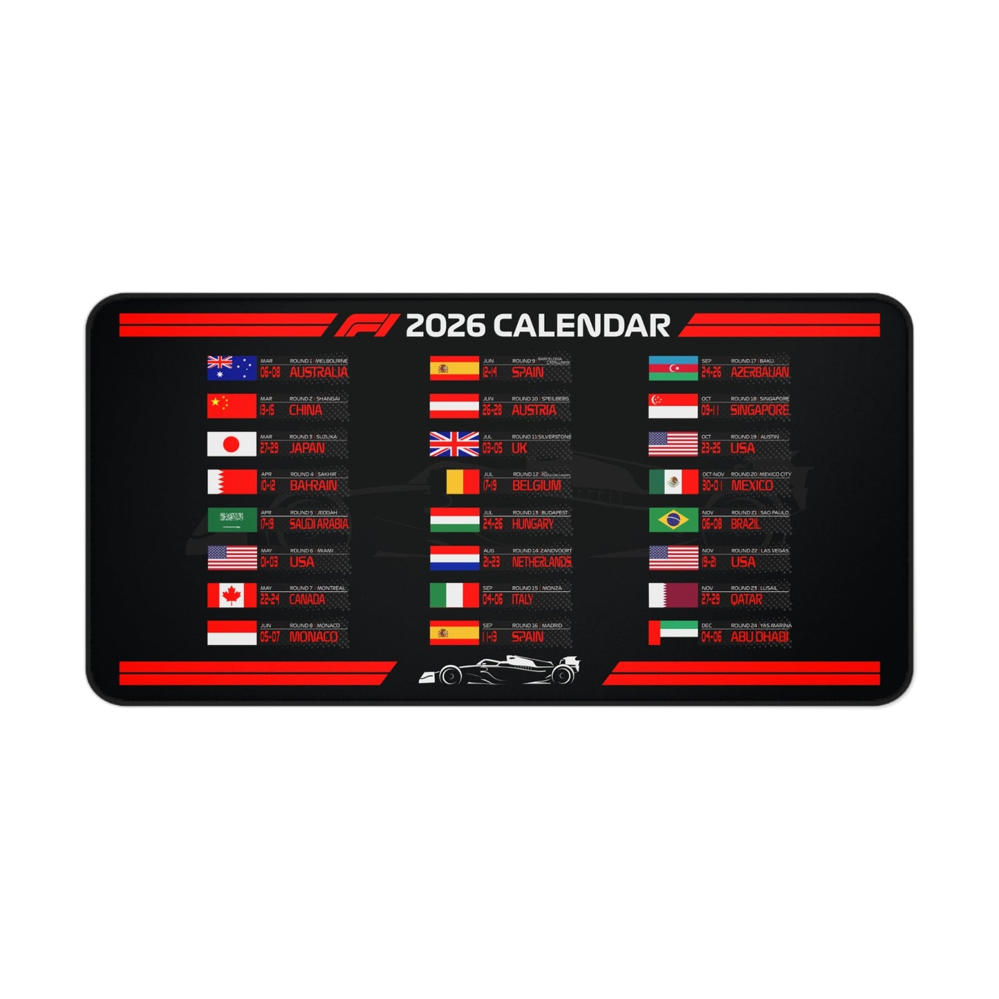 F1 2026 Racing Schedule Desk Mat for Formula Fans & Motorsports Lovers