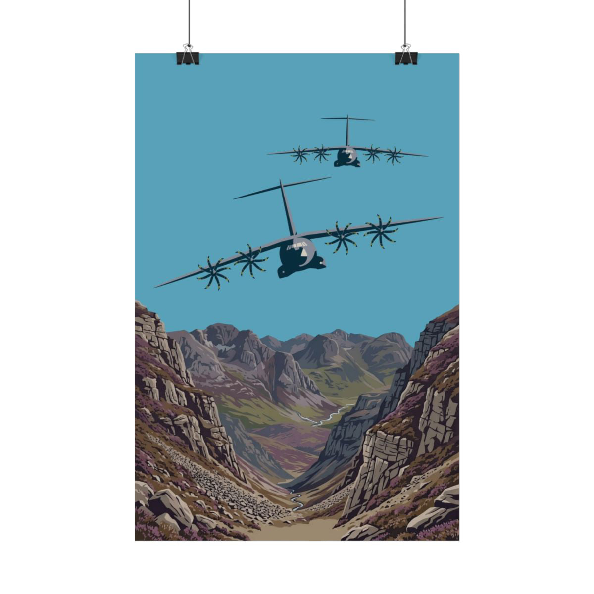 Illustration of two airplanes flying over a mountainous landscape with a blue sky.
