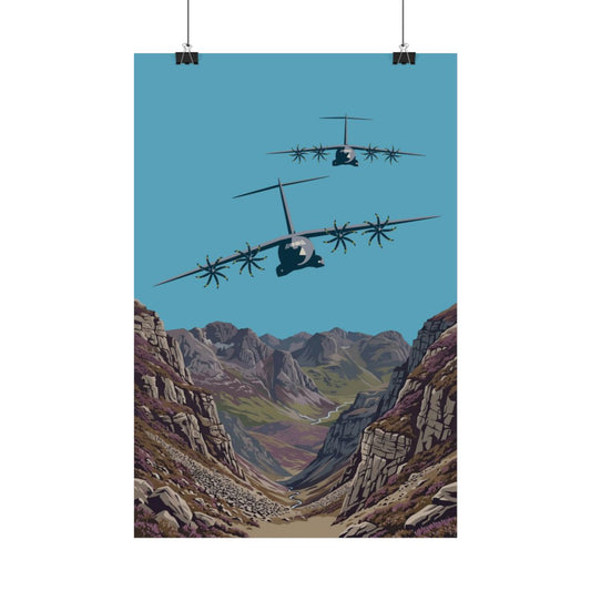 Illustration of two airplanes flying over a mountainous landscape with a blue sky.