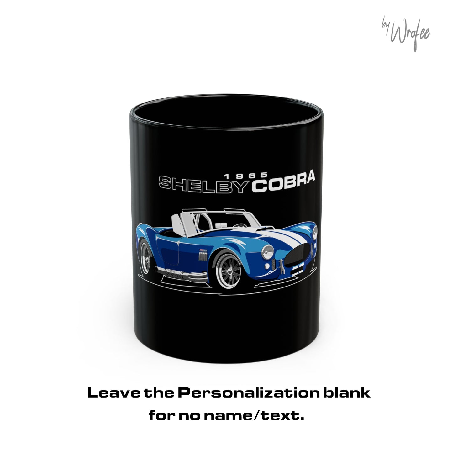 Black mug with Shelby Cobra design on a white background