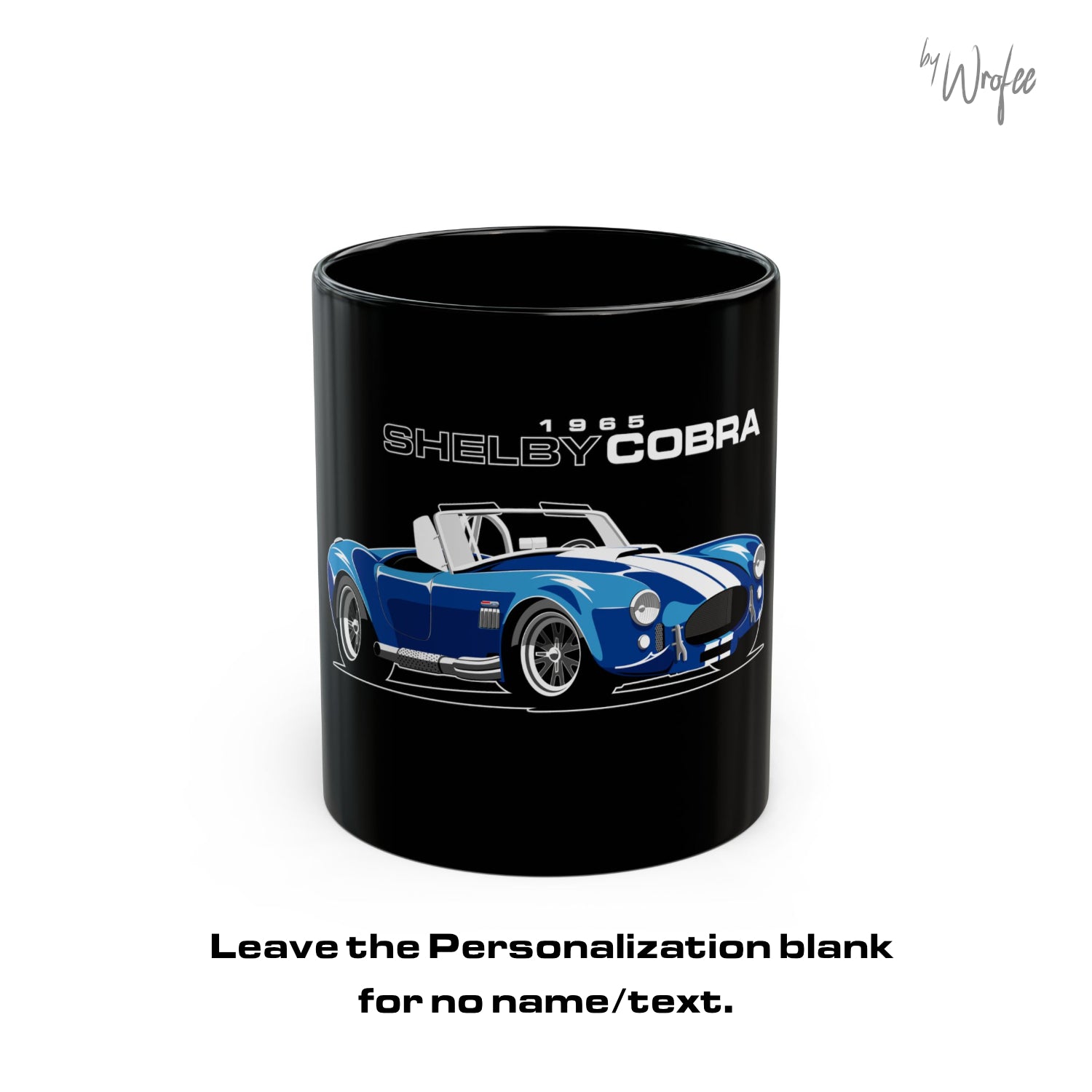 Black mug with Shelby Cobra design on a white background