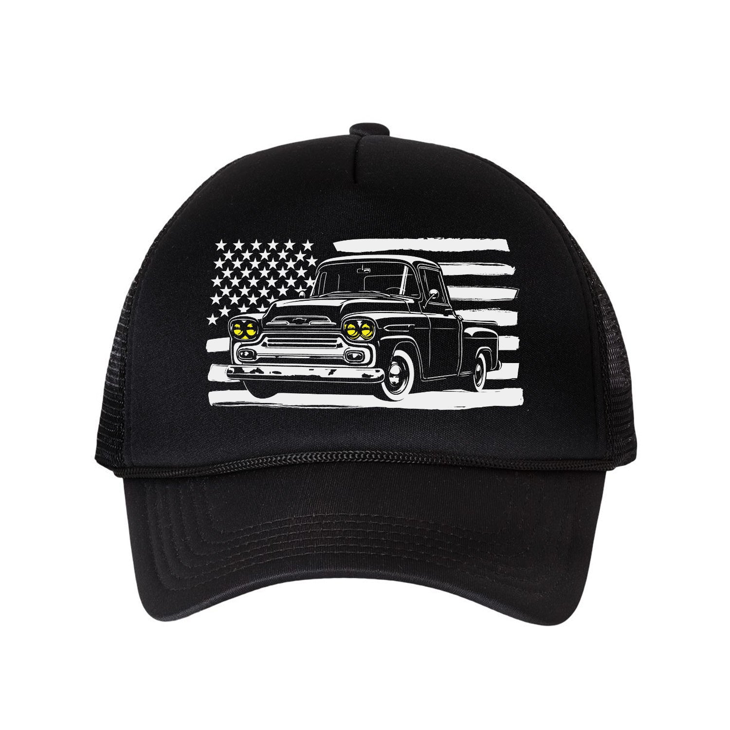 Black trucker cap with a graphic of a classic Chevy Apache pickup truck and American flag design on a white background
