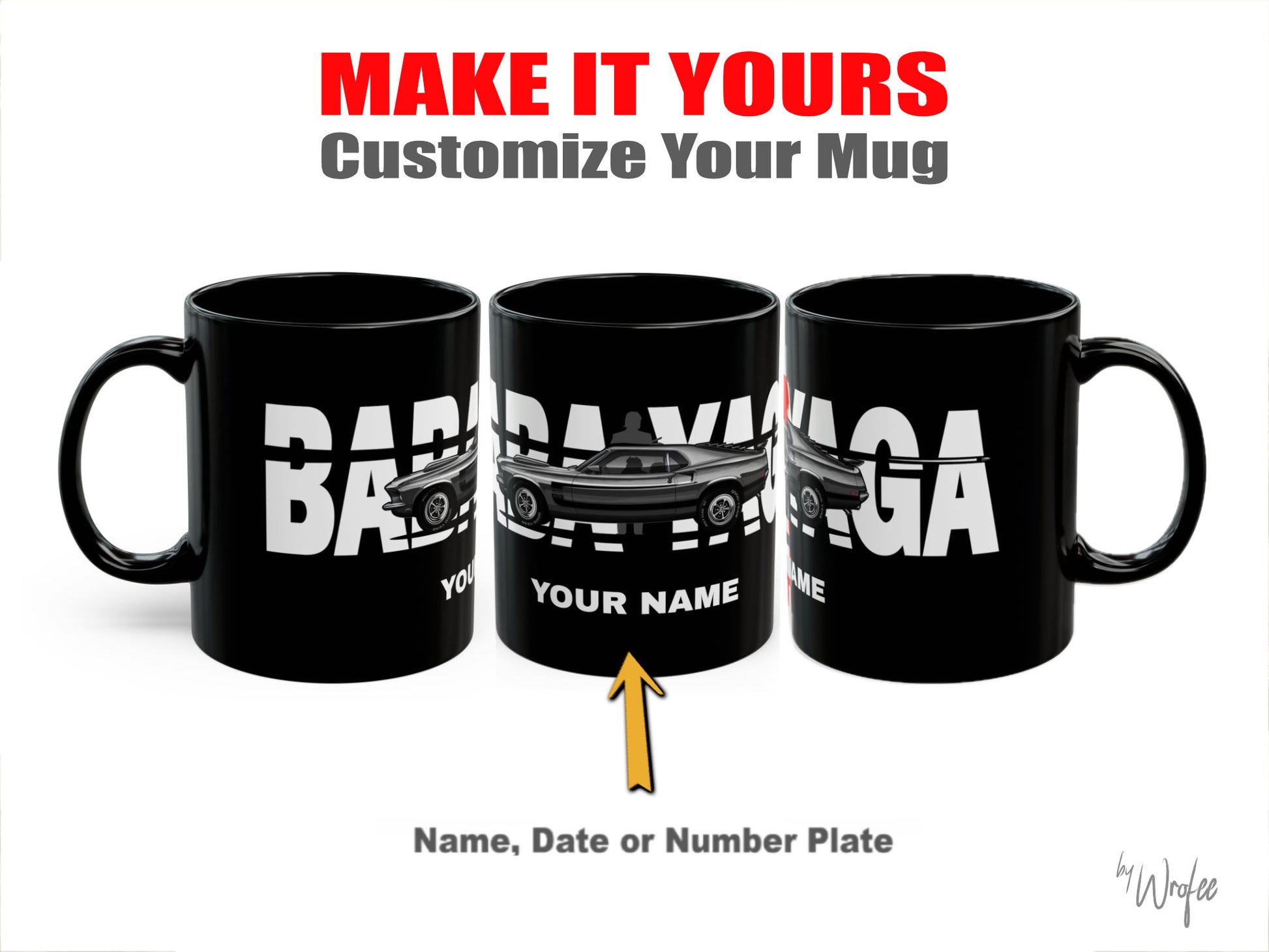 Black mugs with customizable text on a white background