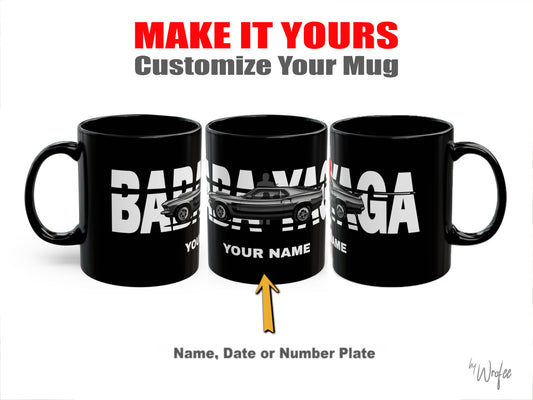 Black mugs with customizable text on a white background