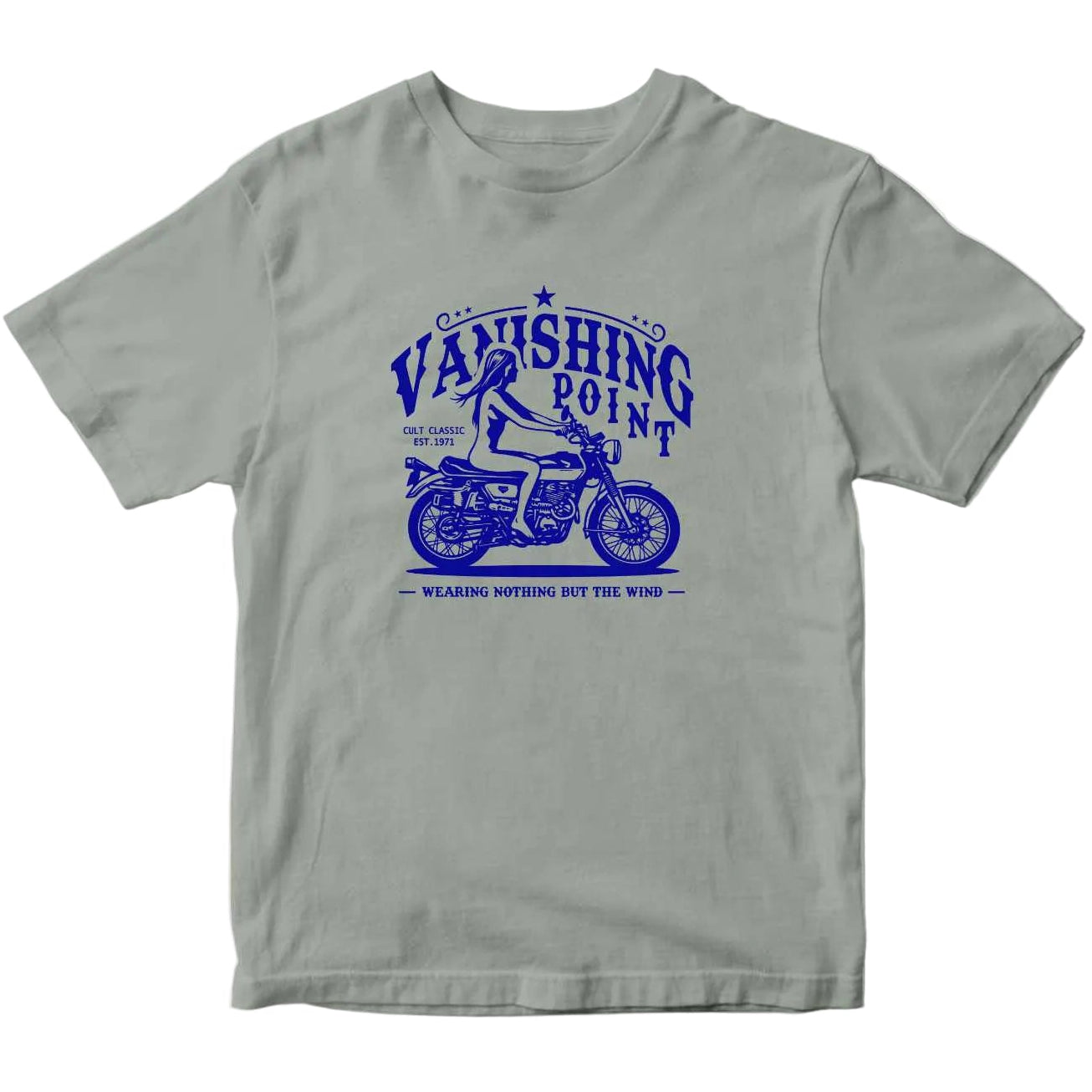Gray t-shirt with vanishing point bike and girl graphic and text on a white background