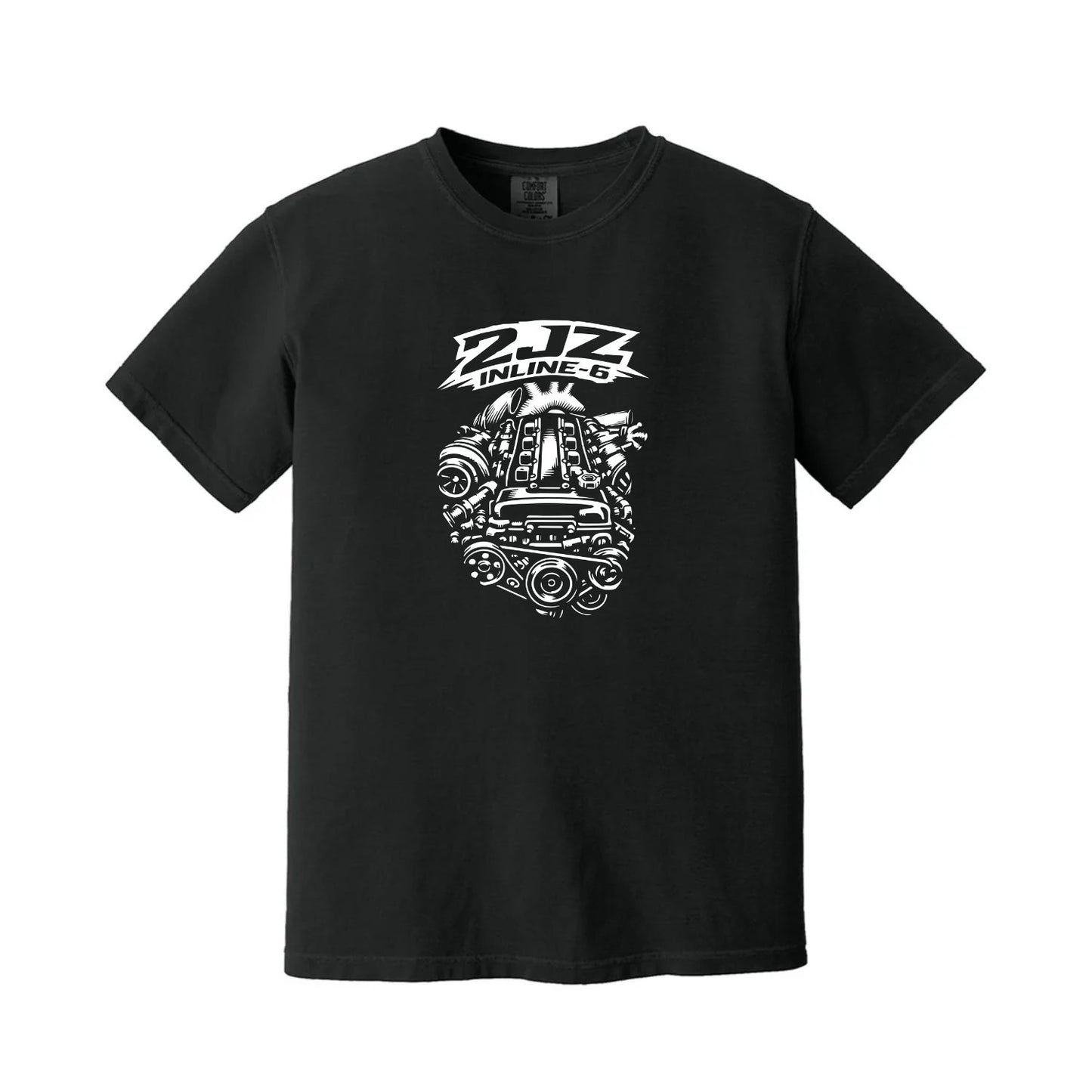 Black t-shirt with 2jz-engine gte inline-6 graphic design on a white background