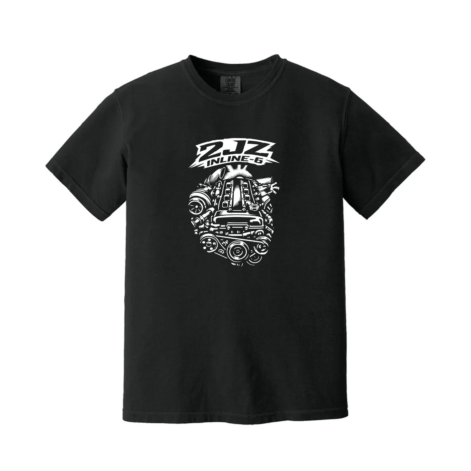 Black t-shirt with 2jz-engine gte inline-6 graphic design on a white background