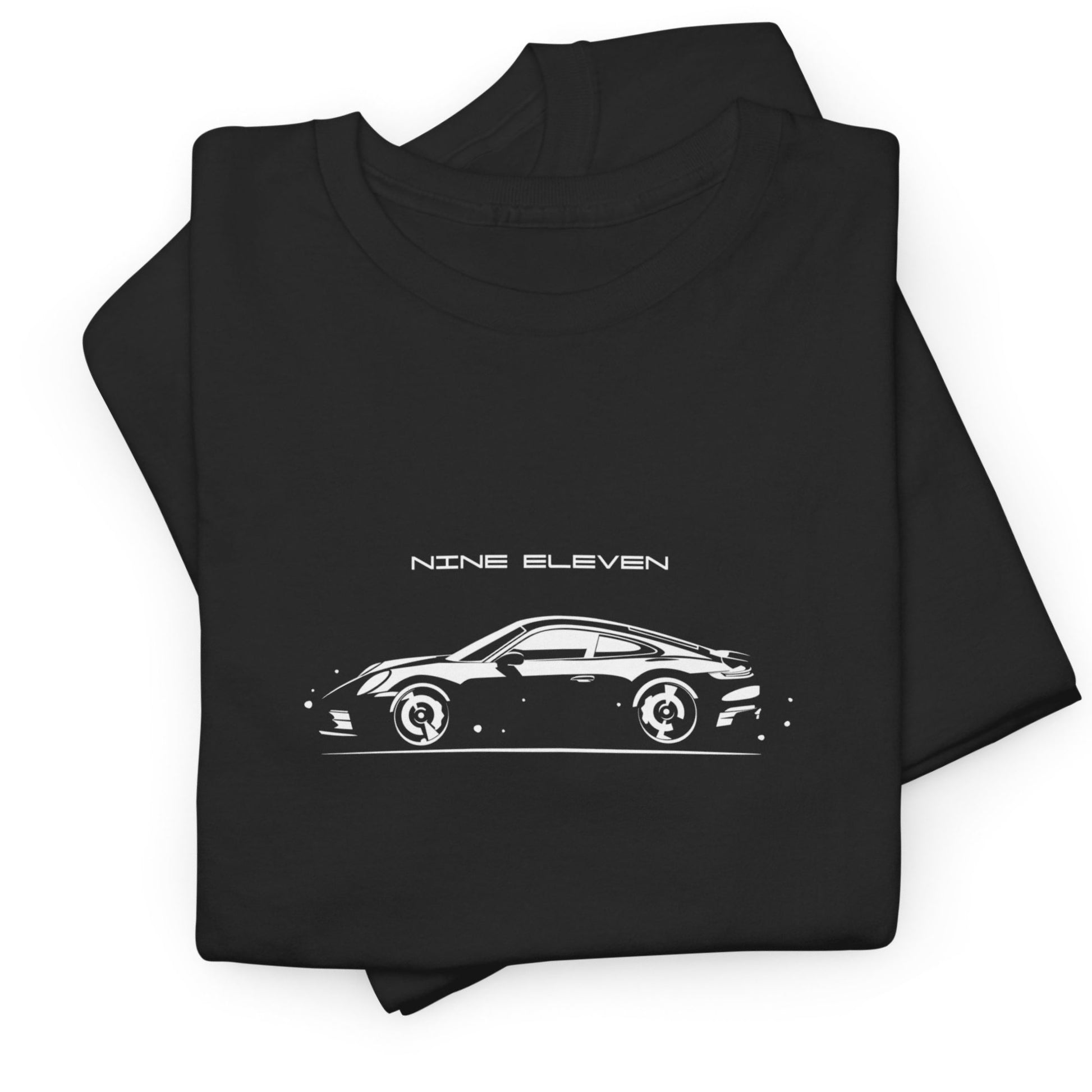 Folded black t-shirt with white car graphic and 'Nine Eleven' text on a white background