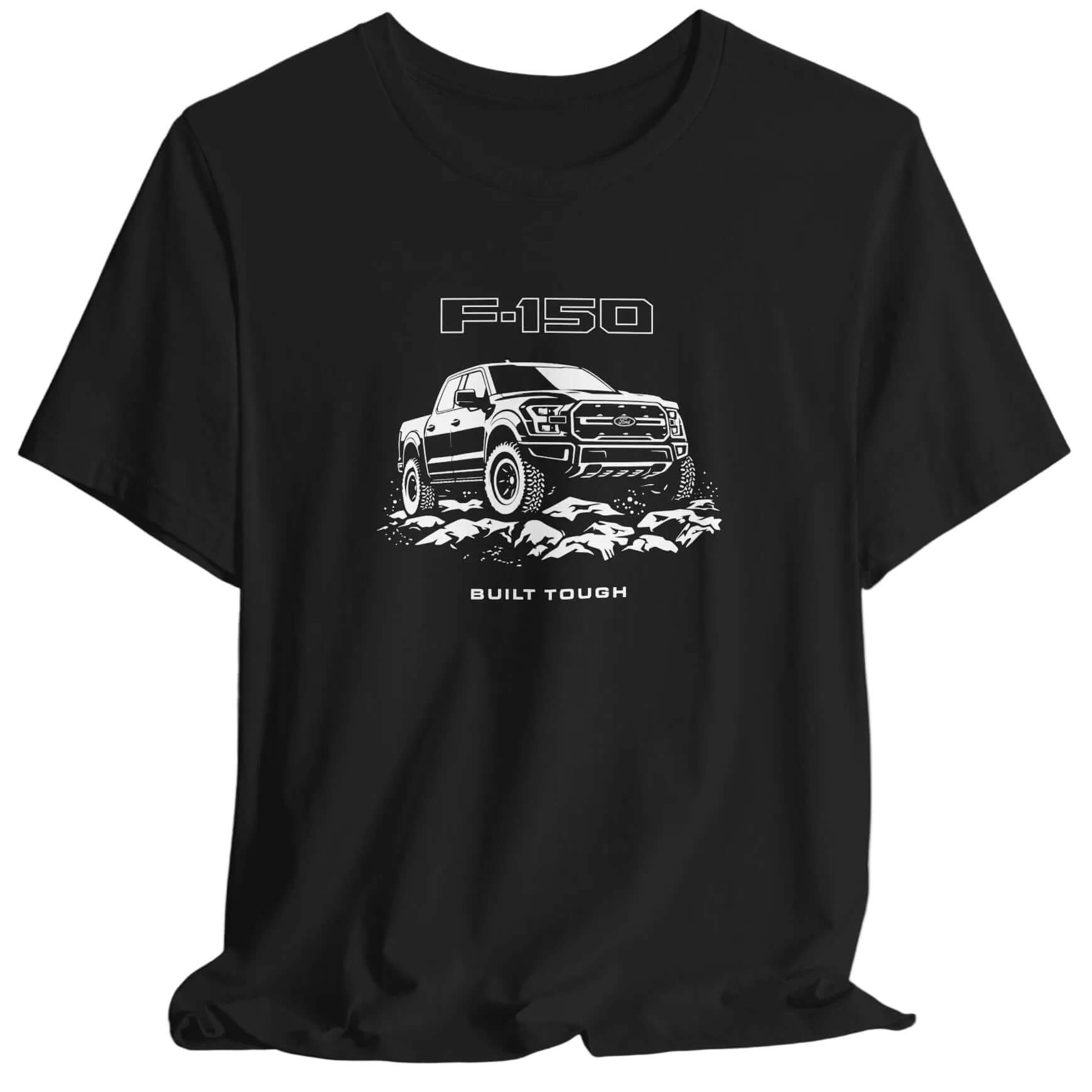 Black t-shirt with a graphic design and text on a white background