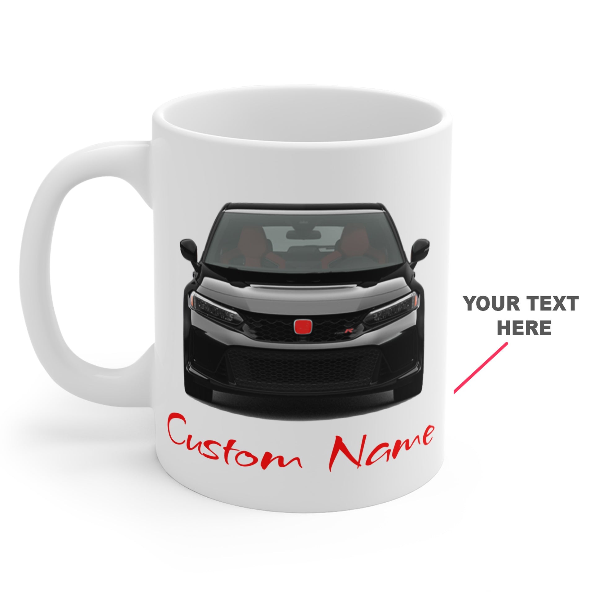 White mug with civic fl5 design and customizable text on a white background