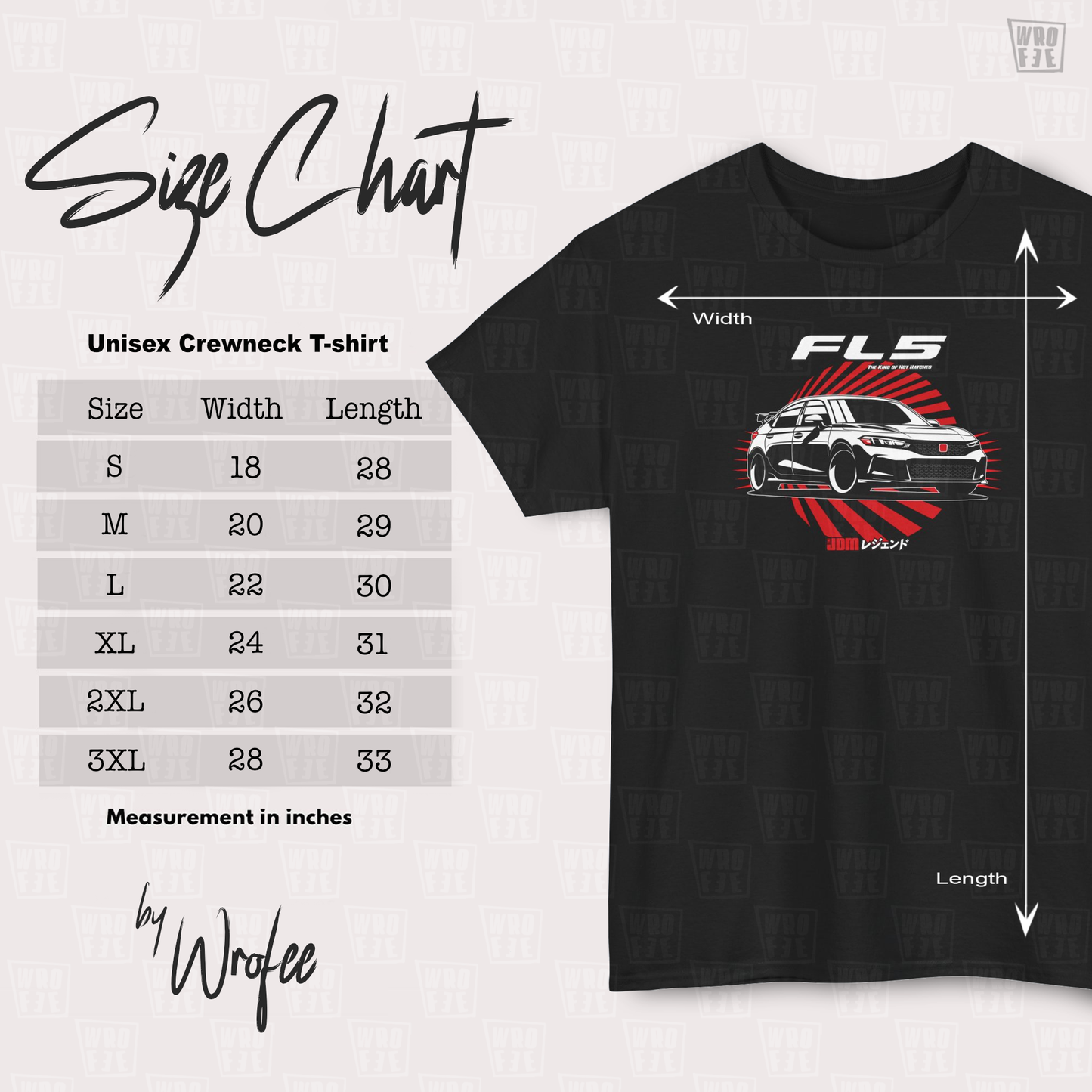 Black t-shirt with car graphic and size chart on a light gray background