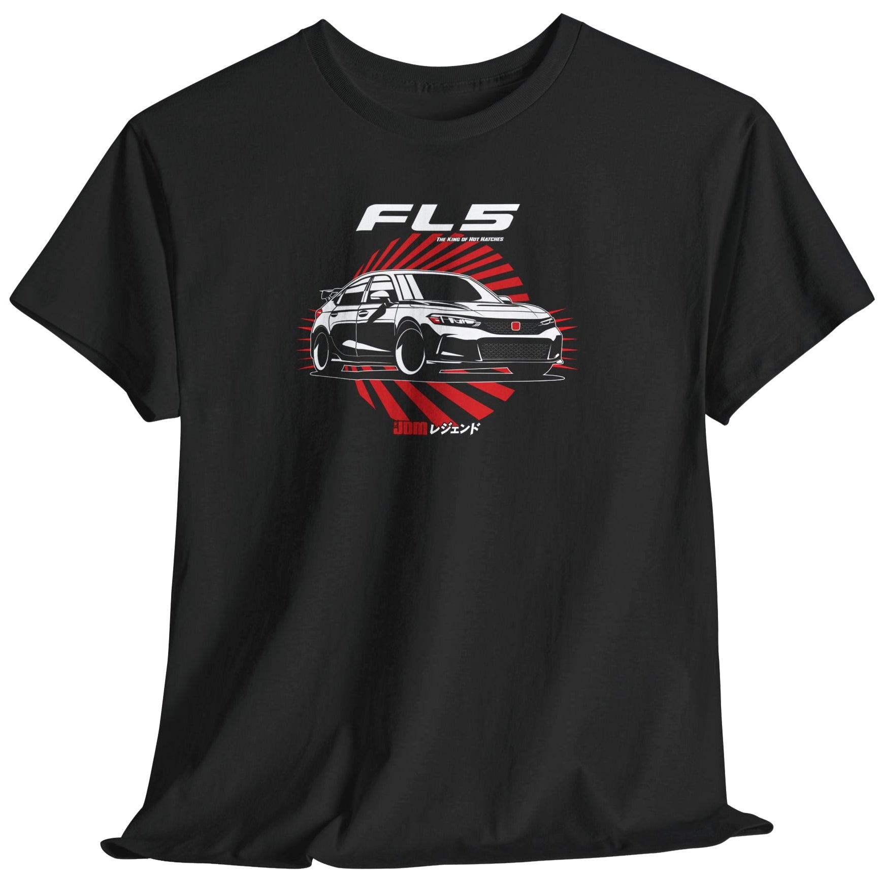 Black t-shirt with car graphic and 'FL5' text on a white background