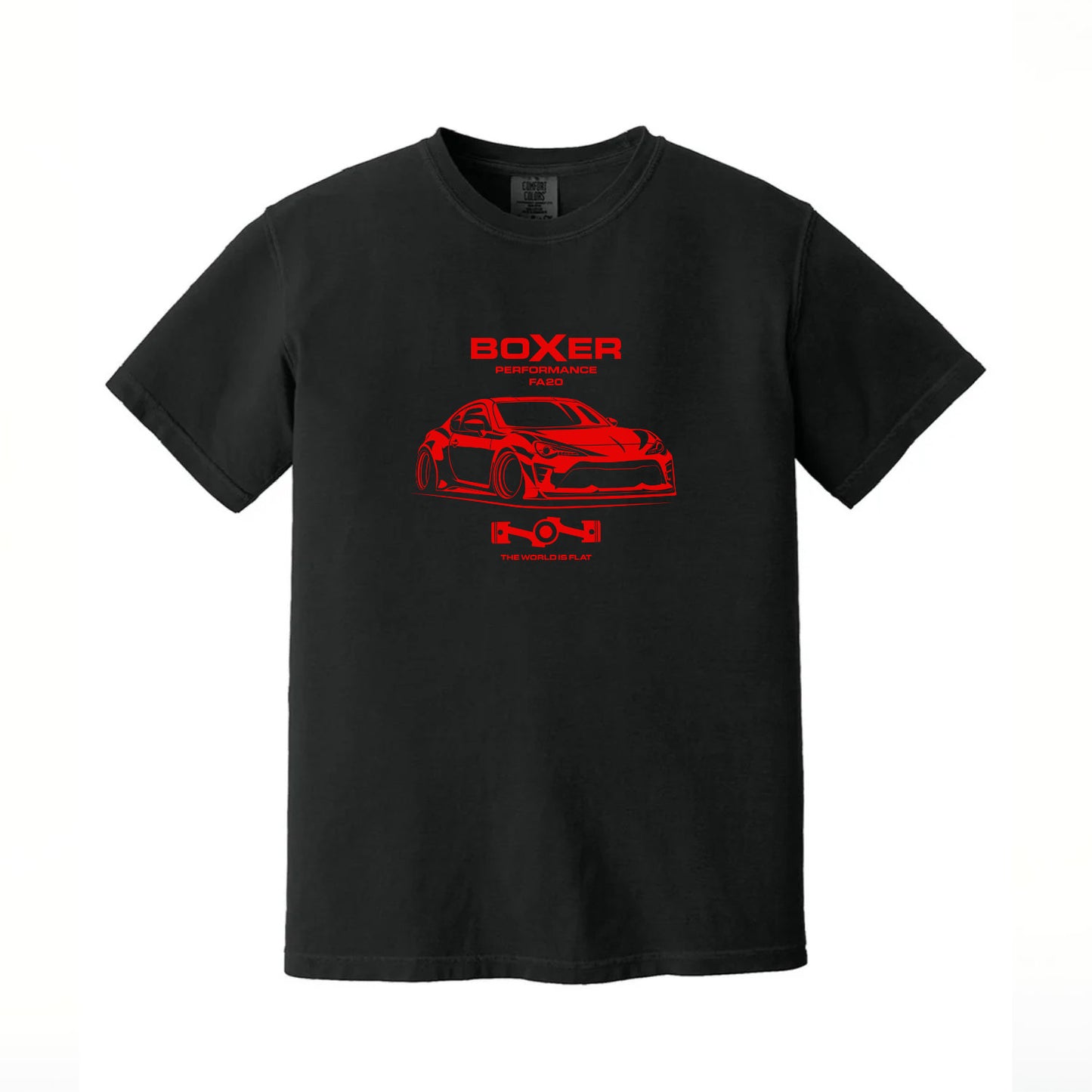 Black t-shirt with red car graphic and 'Boxer Performance' text on a white background