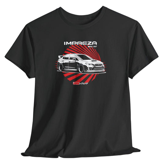 Black t-shirt with a graphic of a car and 'Impreza' text on a white background