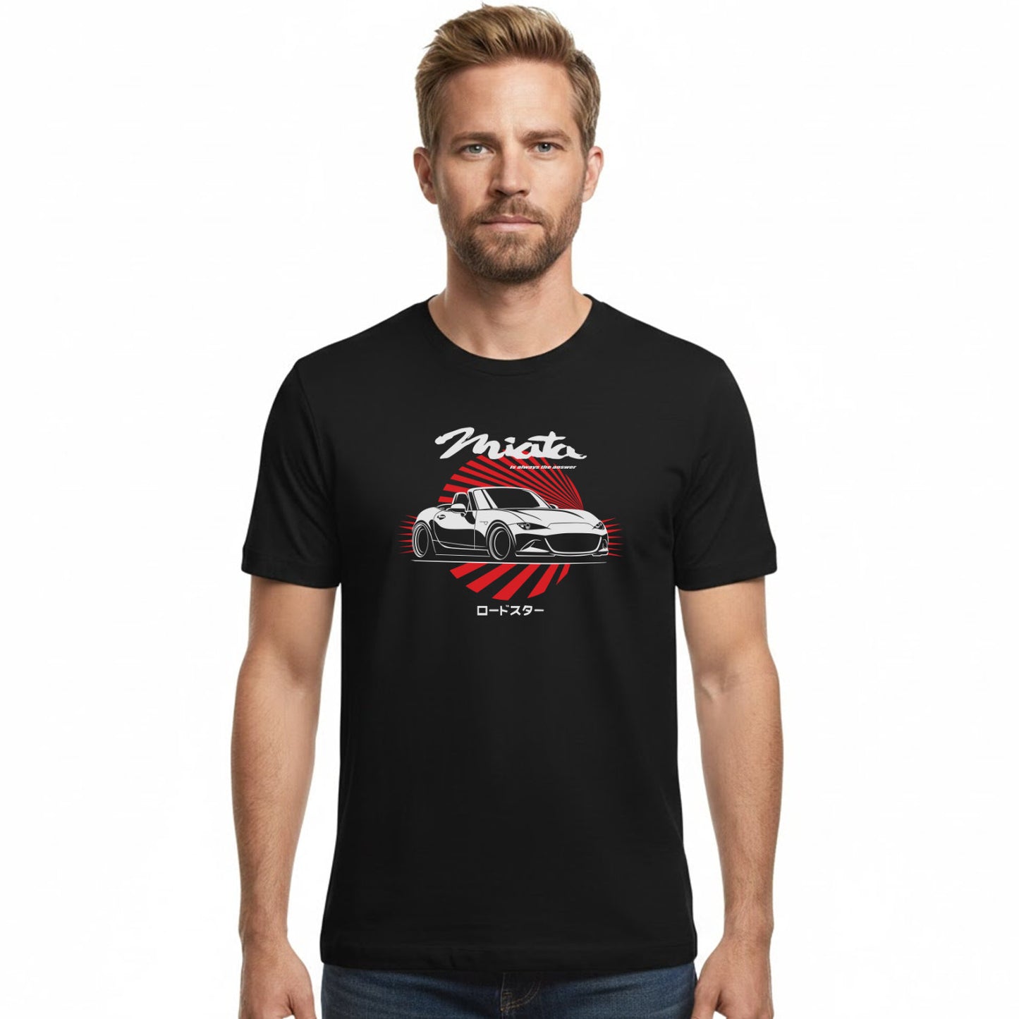 Man wearing a black t-shirt with a car graphic and 'Miata' text on a white background