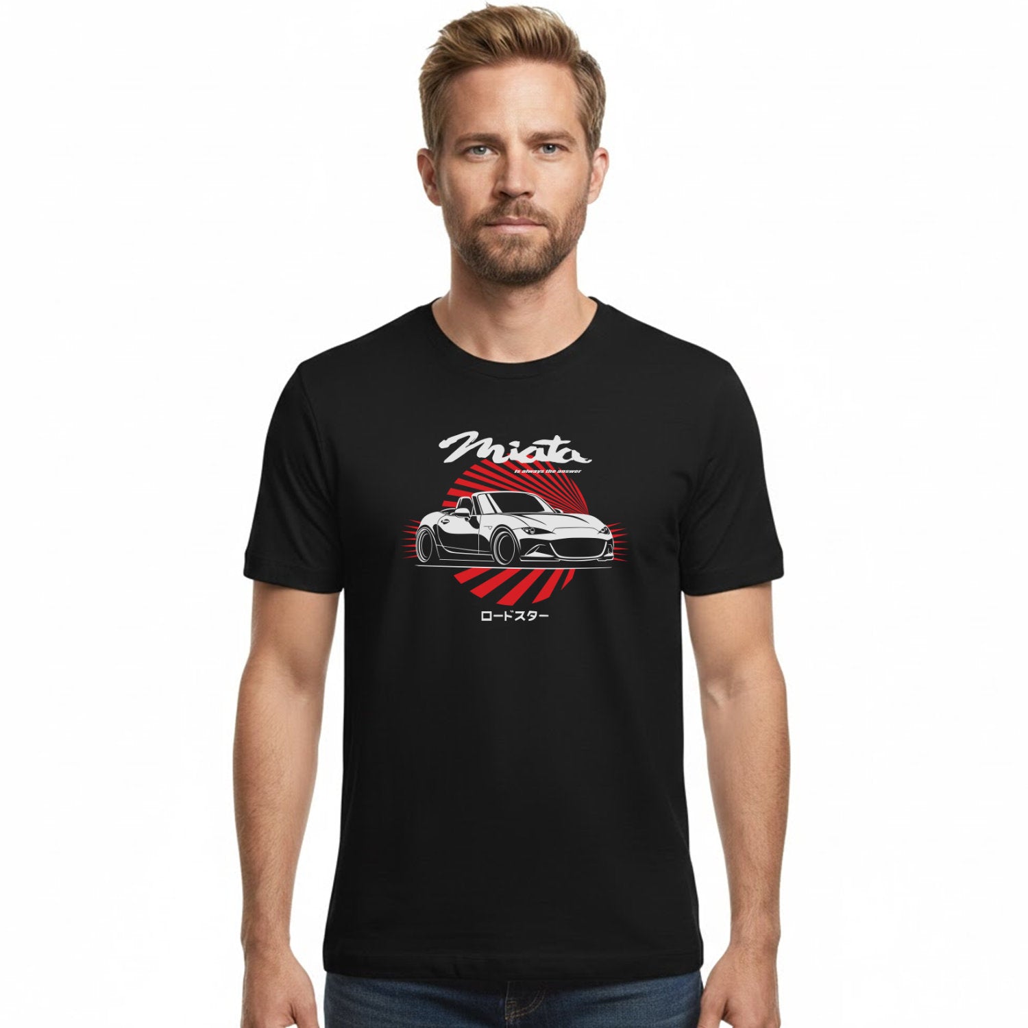 Man wearing a black t-shirt with a car graphic and 'Miata' text on a white background