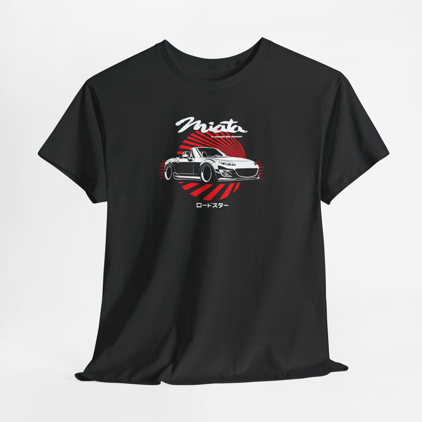 Black t-shirt with a car graphic and 'Miata' text on a white background